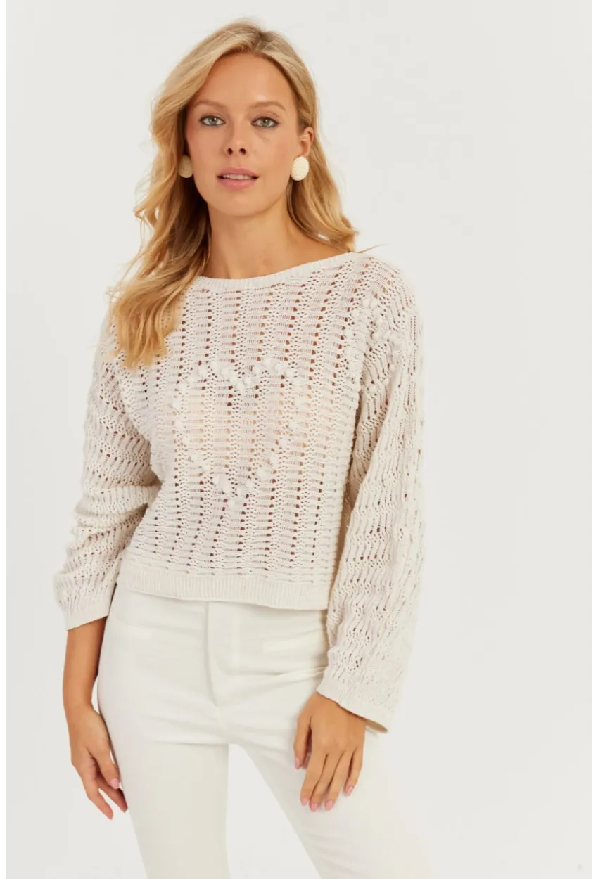 Kadın Ekru Kalpli Ajurlu Triko Bluz MİW3761