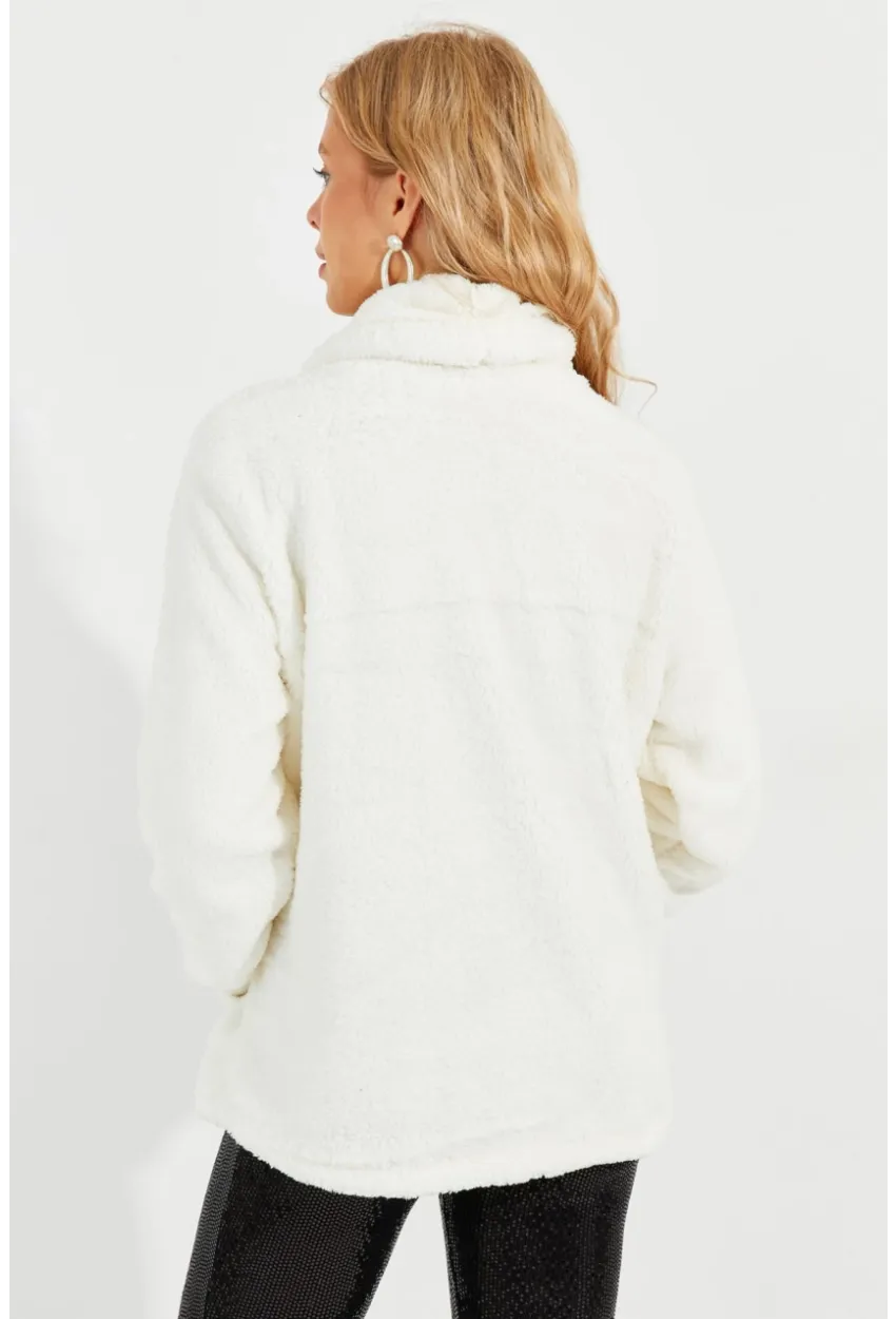 Kadın Ekru Kanguru Cep Peluş Sweatshirt Q978