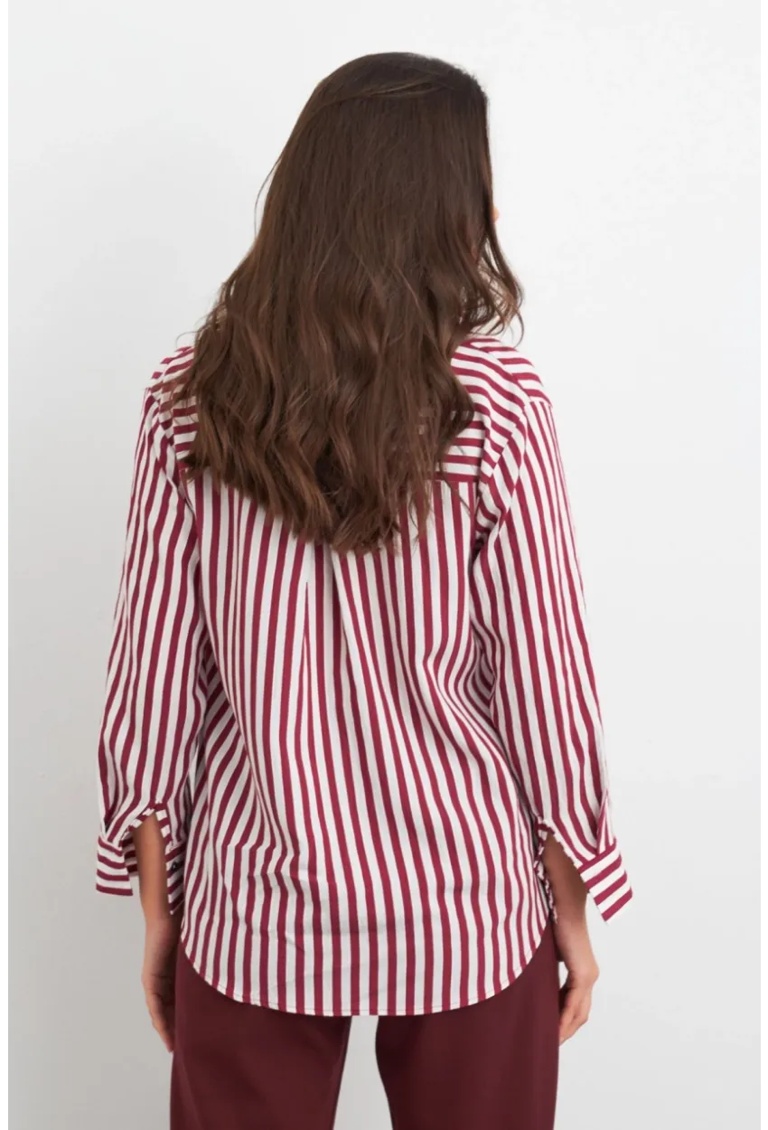 Kadın Ekru-Kiremit Çizgili Salaş Gömlek ELA6932