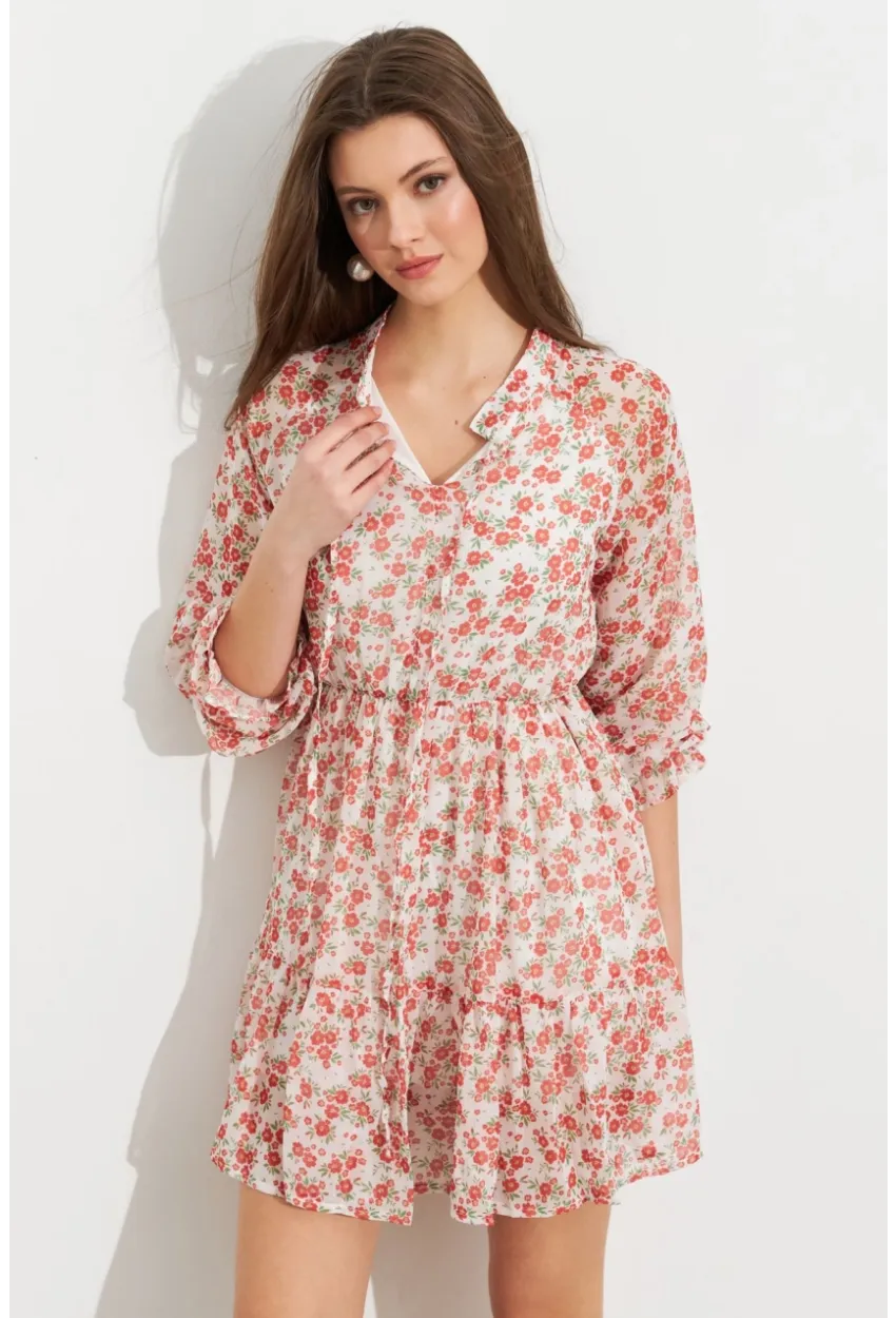 Kadın Ekru-Kırmızı Desenli Şifon Mini Elbise ROP107