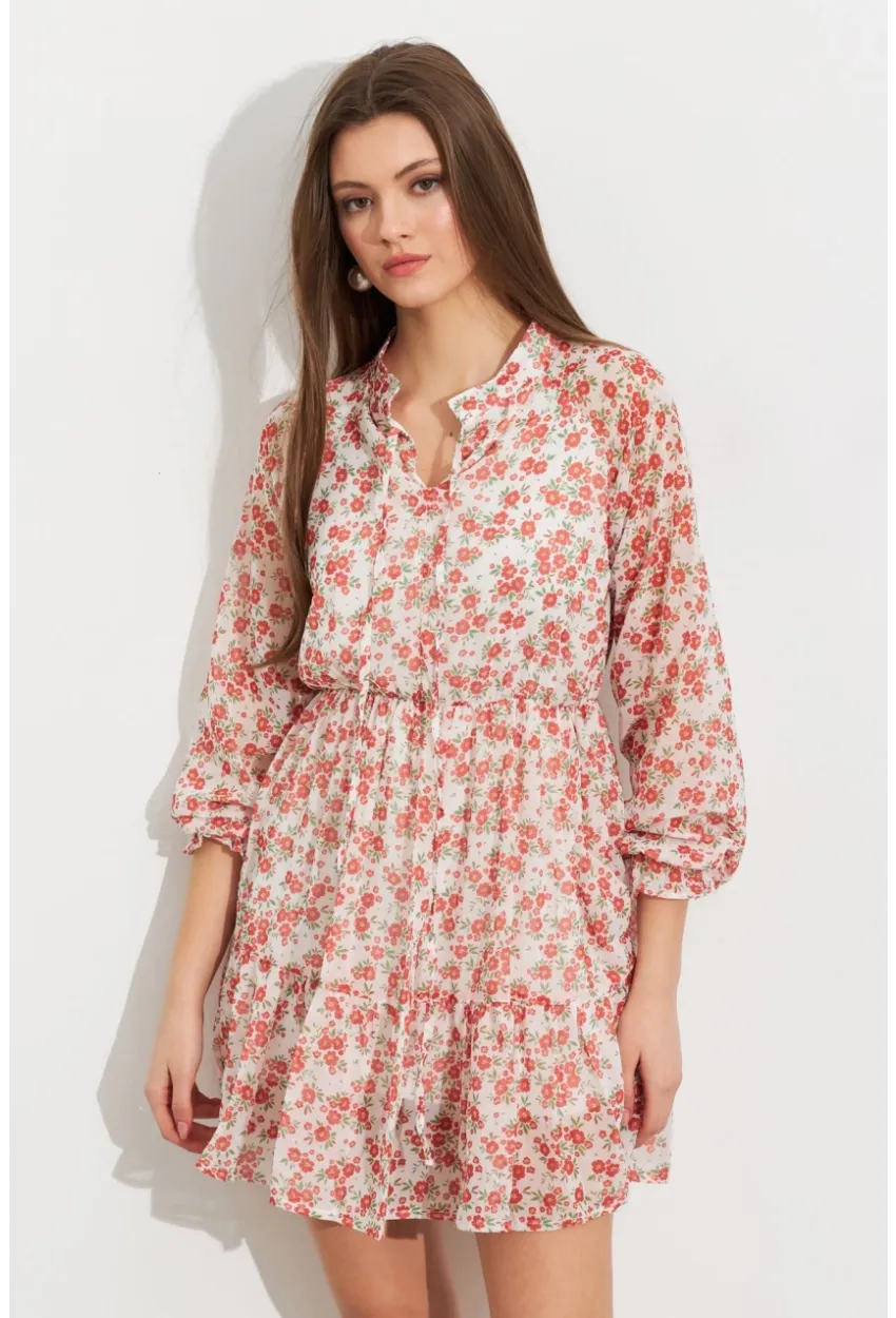 Kadın Ekru-Kırmızı Desenli Şifon Mini Elbise ROP107