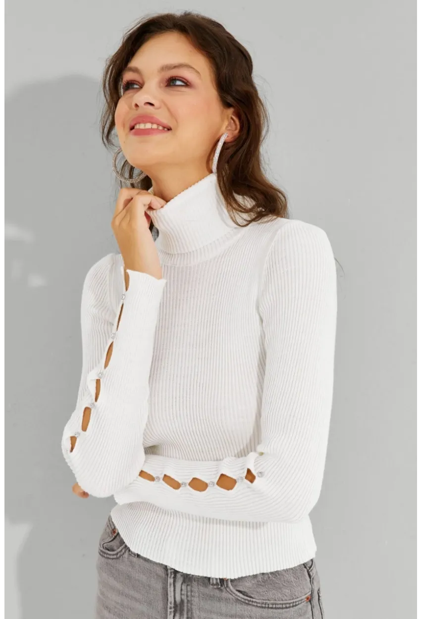 Kadın Ekru Kolları Taş Detaylı Balıkçı Kazak SF2185