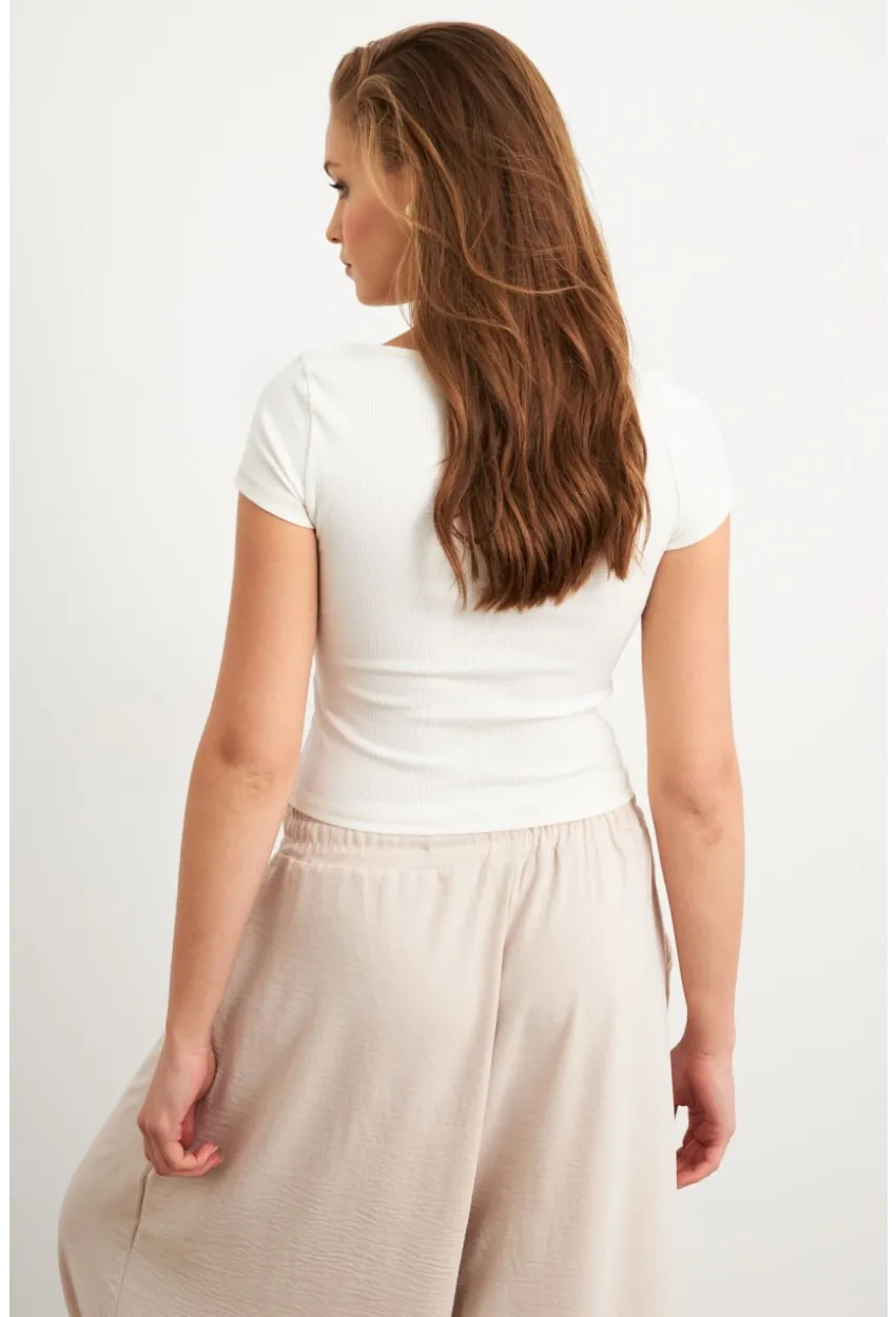 Kadın Ekru Kontrast Dikişli Bluz RX451