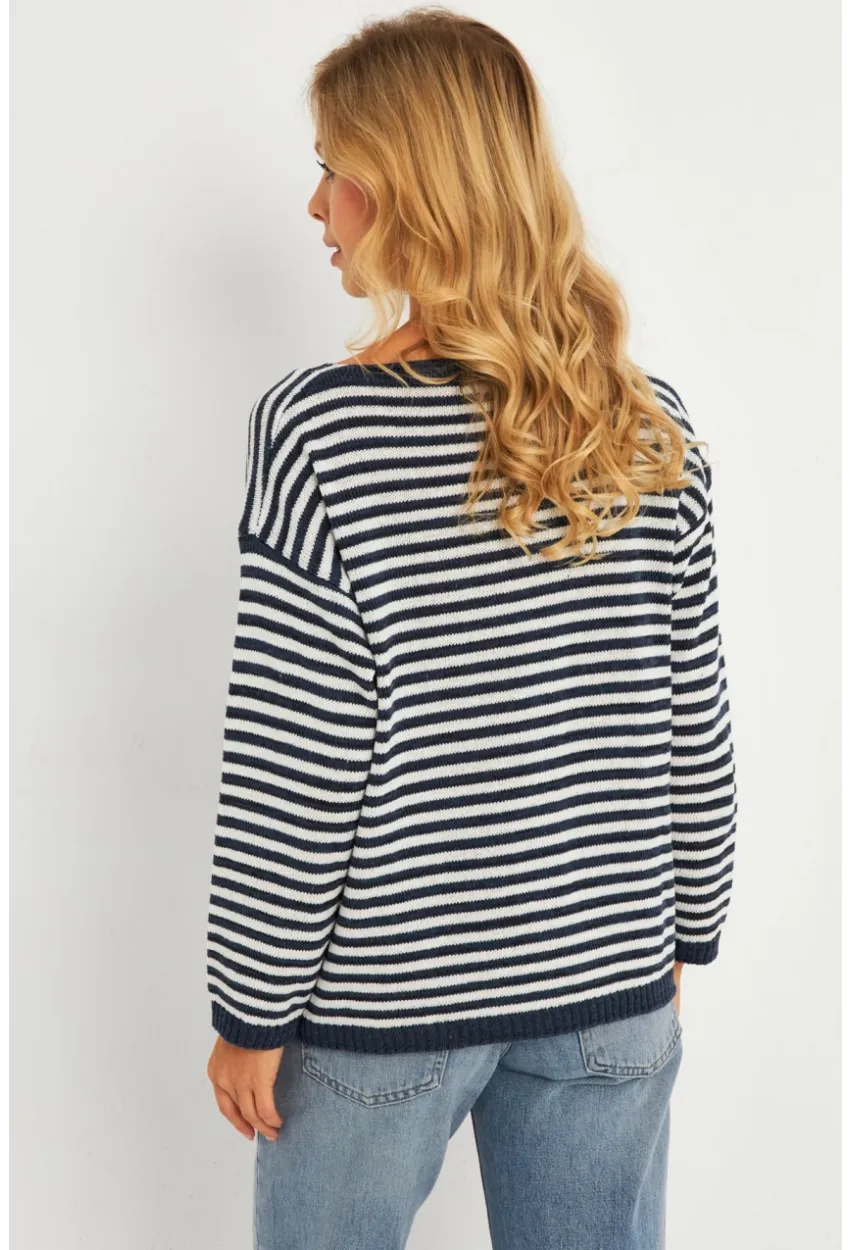 Kadın Ekru-Lacivert V Yaka Triko Salaş Bluz YV283