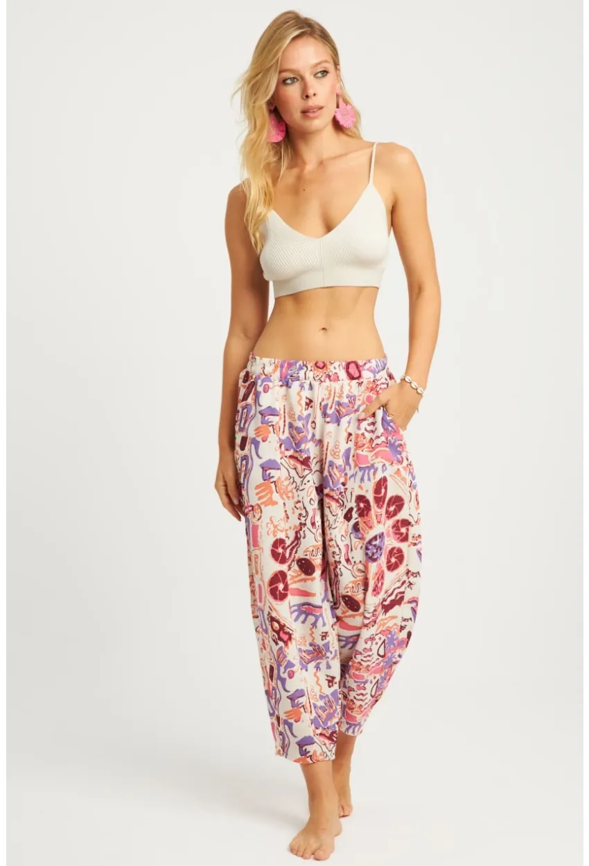 Kadın Ekru-Lila Desenli Keten Şalvar Pantolon K1253