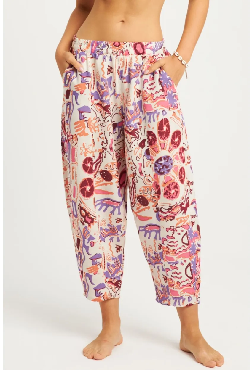 Kadın Ekru-Lila Desenli Keten Şalvar Pantolon K1253