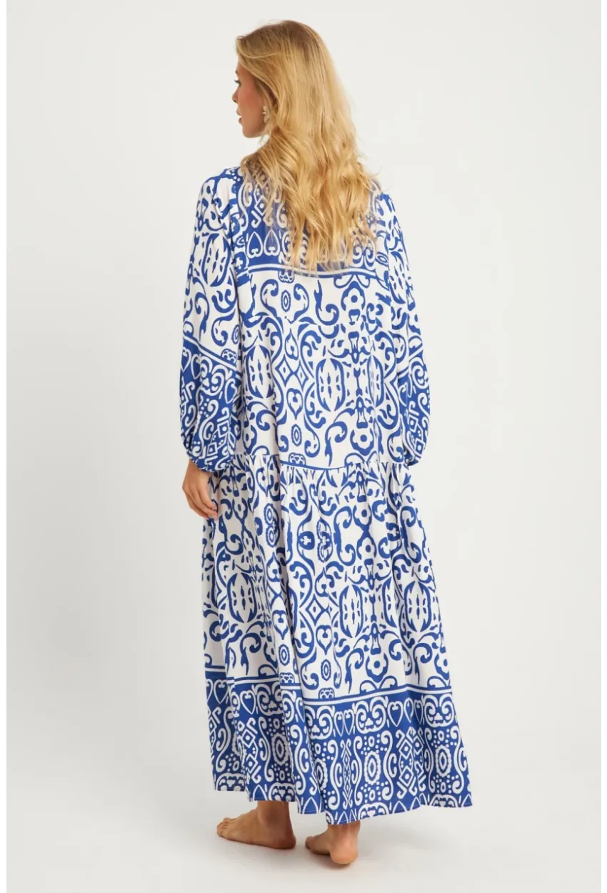 Kadın Ekru-Mavi Desenli Midi Elbise MGÇ169