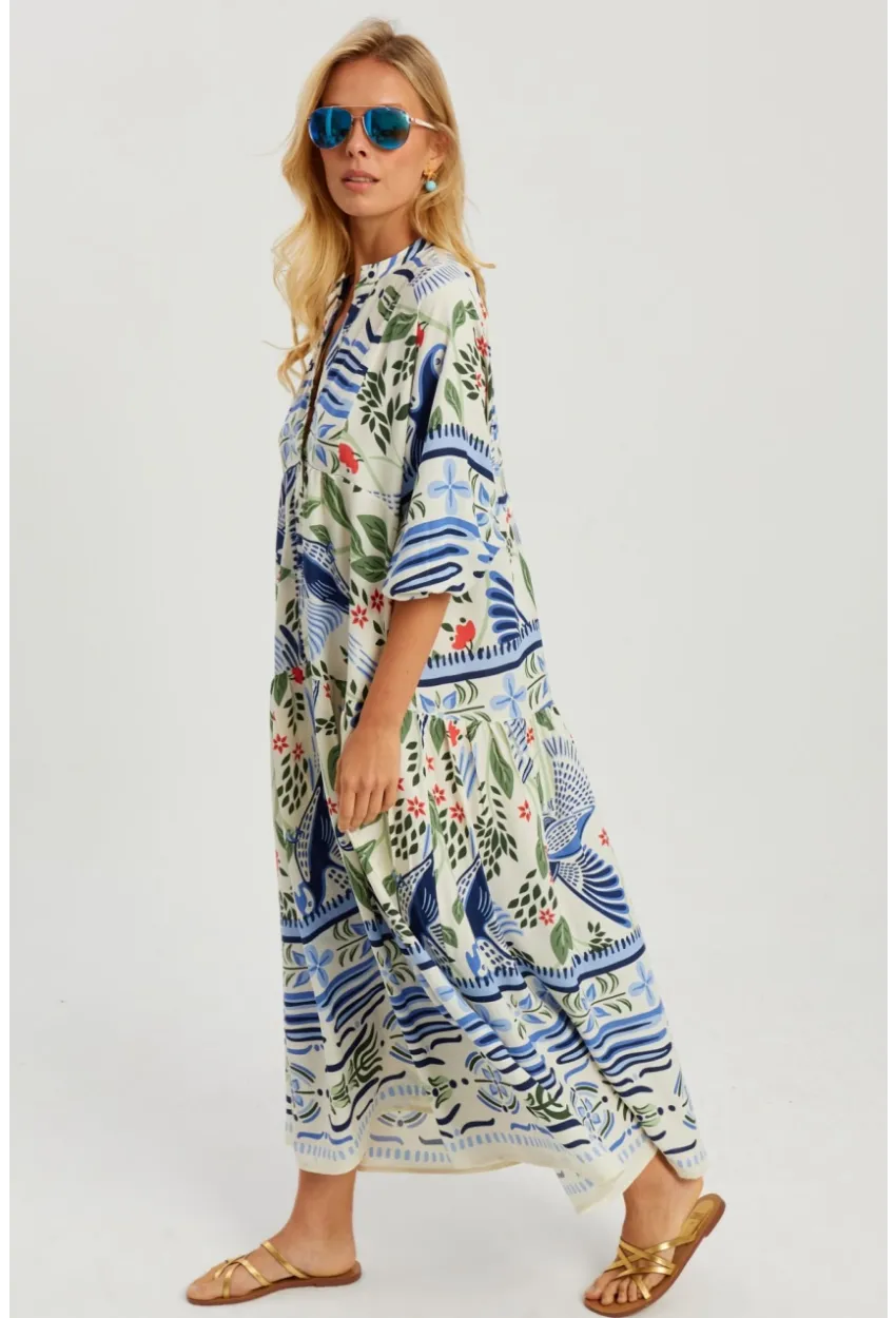 Kadın Ekru-Mavi Desenli Salaş Maxi Elbise GÇ166