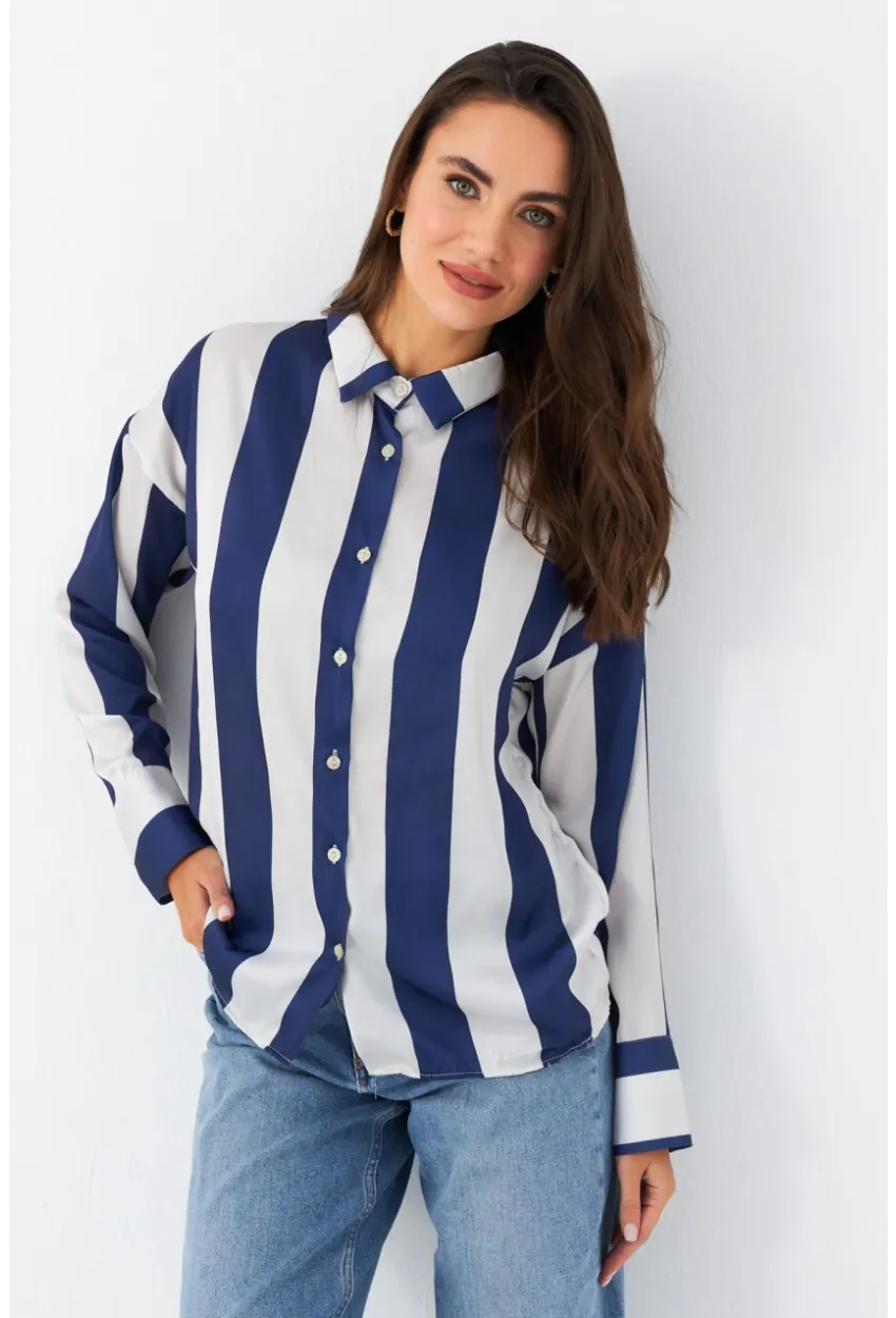 Kadın Ekru-Mavi Desenli Saten Gömlek MSHR500