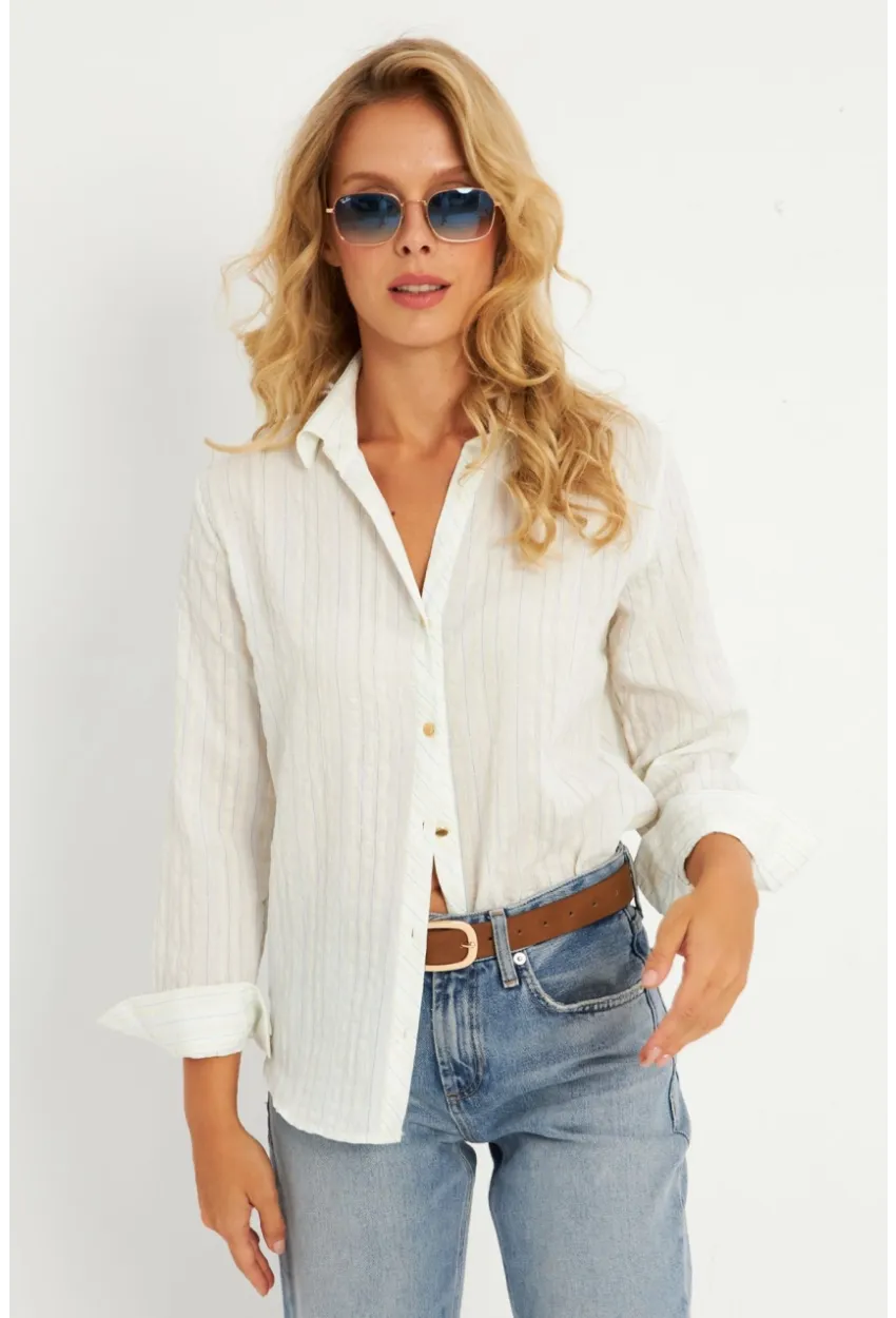 Kadın Ekru-Mavi Gömlek KED714