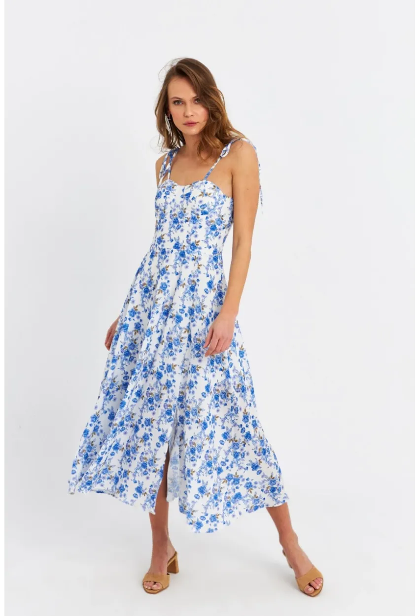 Kadın Ekru-Mavi İp Askılı Çiçekli Midi Elbise ERL10013