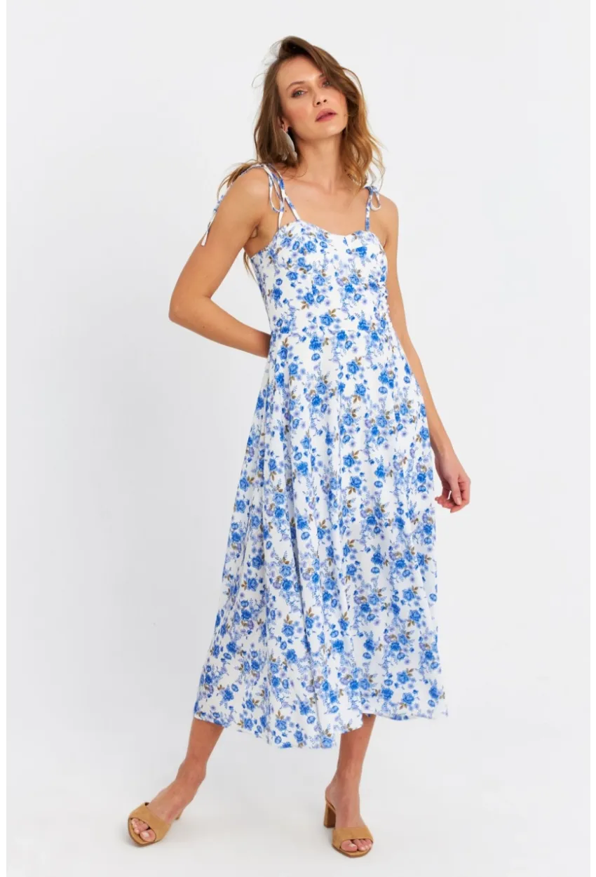 Kadın Ekru-Mavi İp Askılı Çiçekli Midi Elbise ERL10013