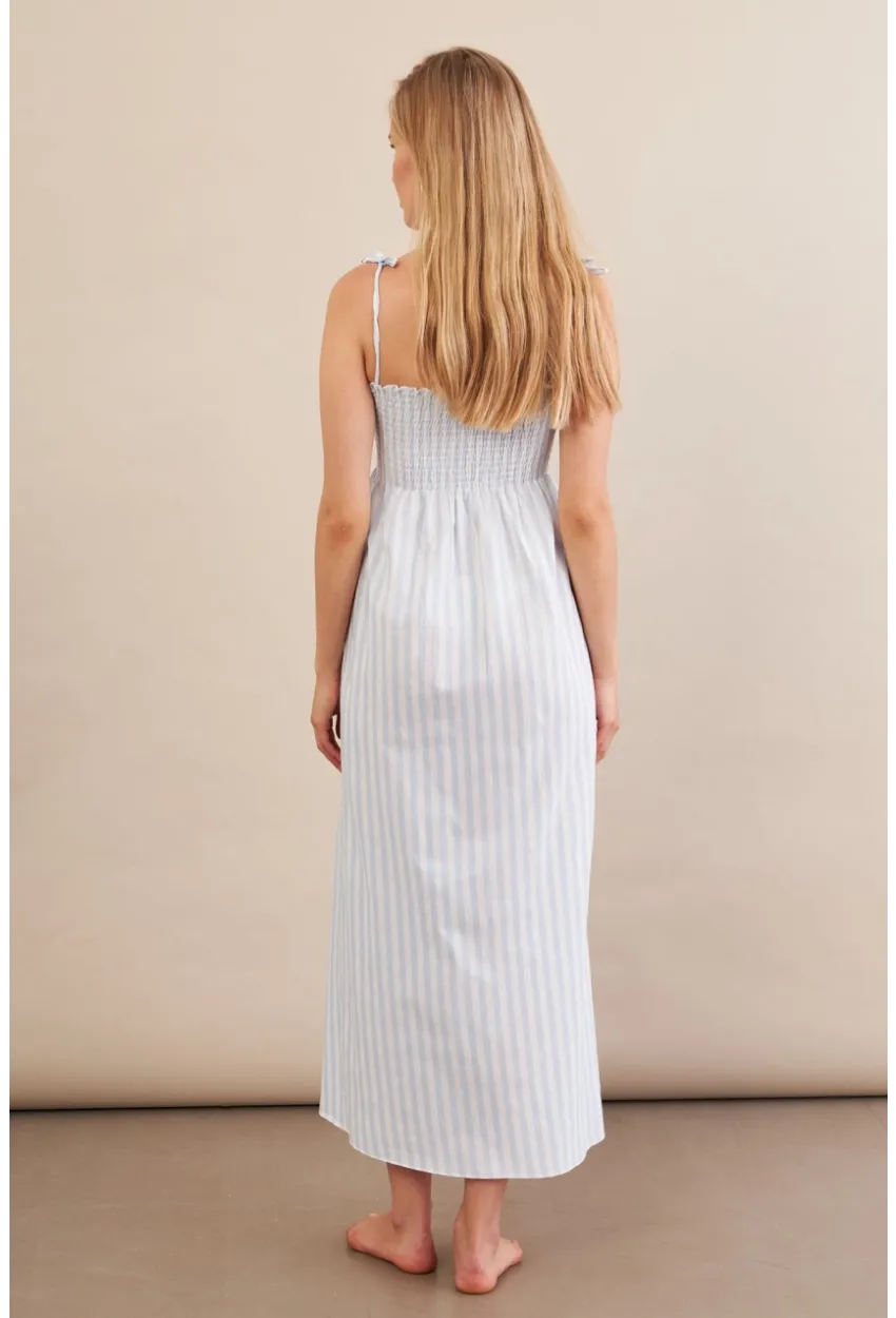 Kadın Ekru-Mavi Straplez çizgili Plaj Elbisesi OR502