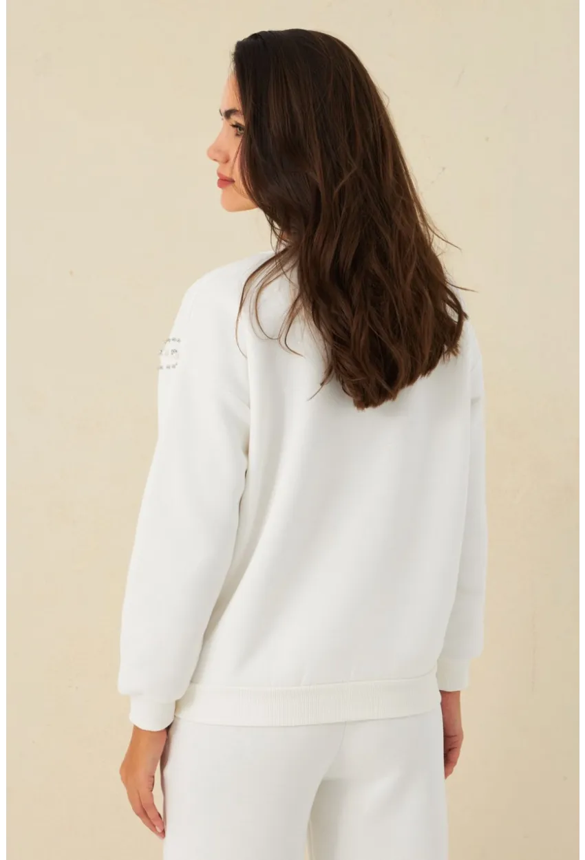 Kadın Ekru Omuzları İnci Detaylı Sweatshirt DY1424