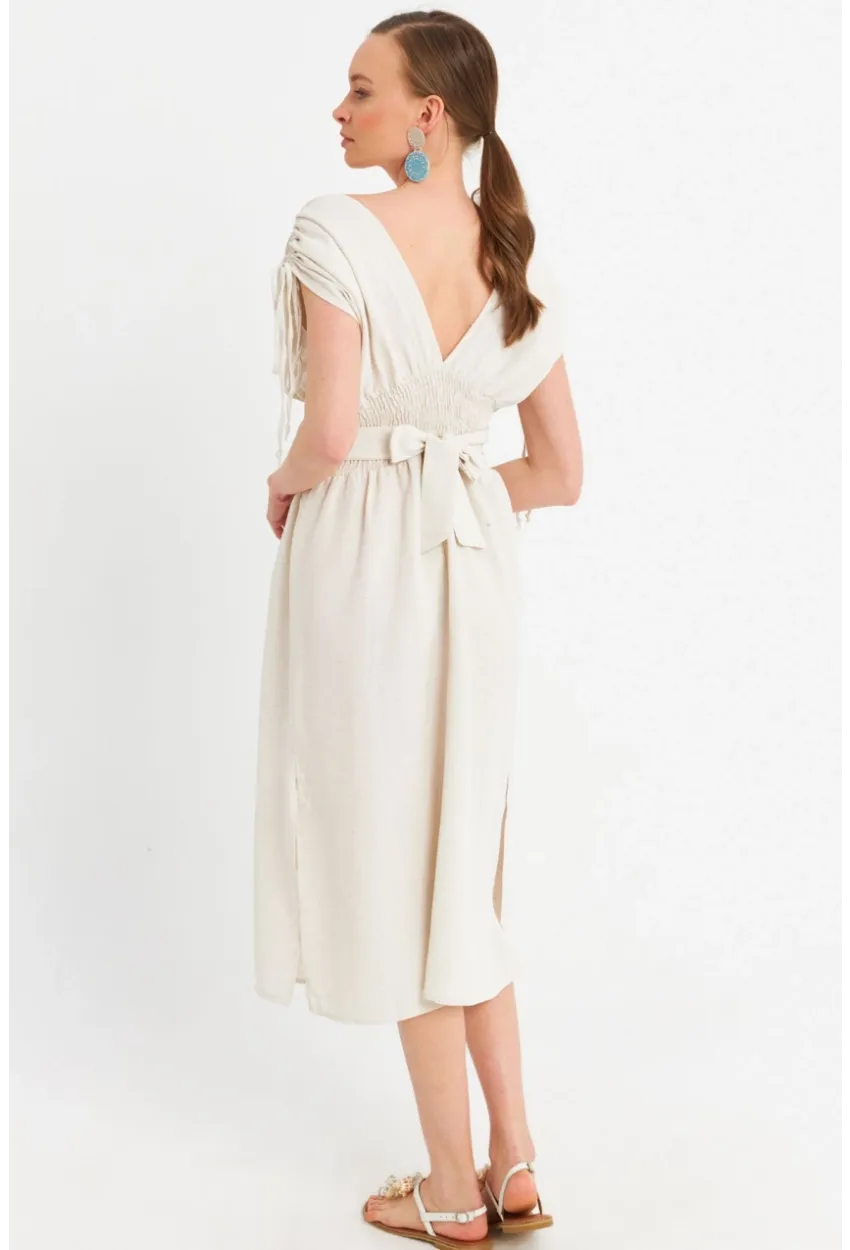Kadın Ekru Ön Arka V Nakışlı Midi Elbise ELT180
