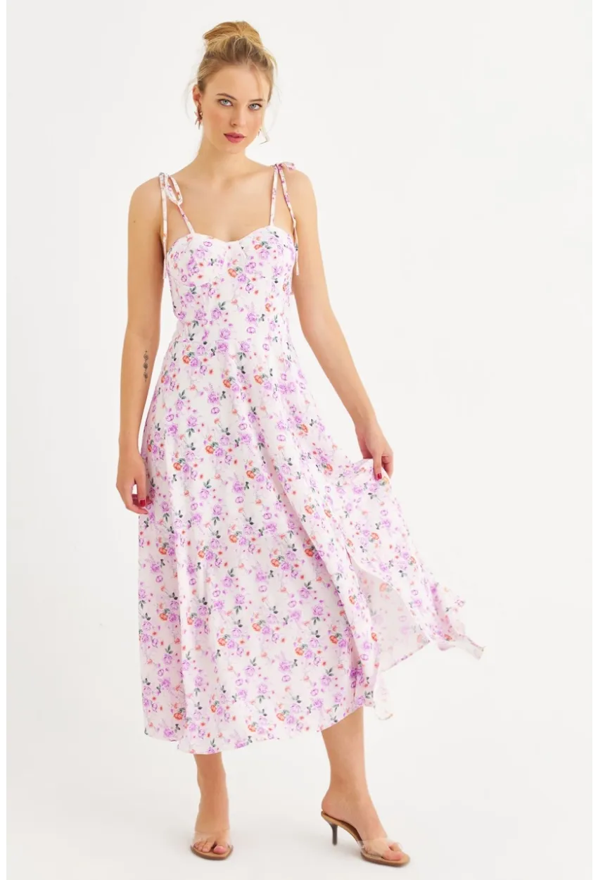 Kadın Ekru-Pembe İp Askılı Çiçekli Midi Elbise ERL10013