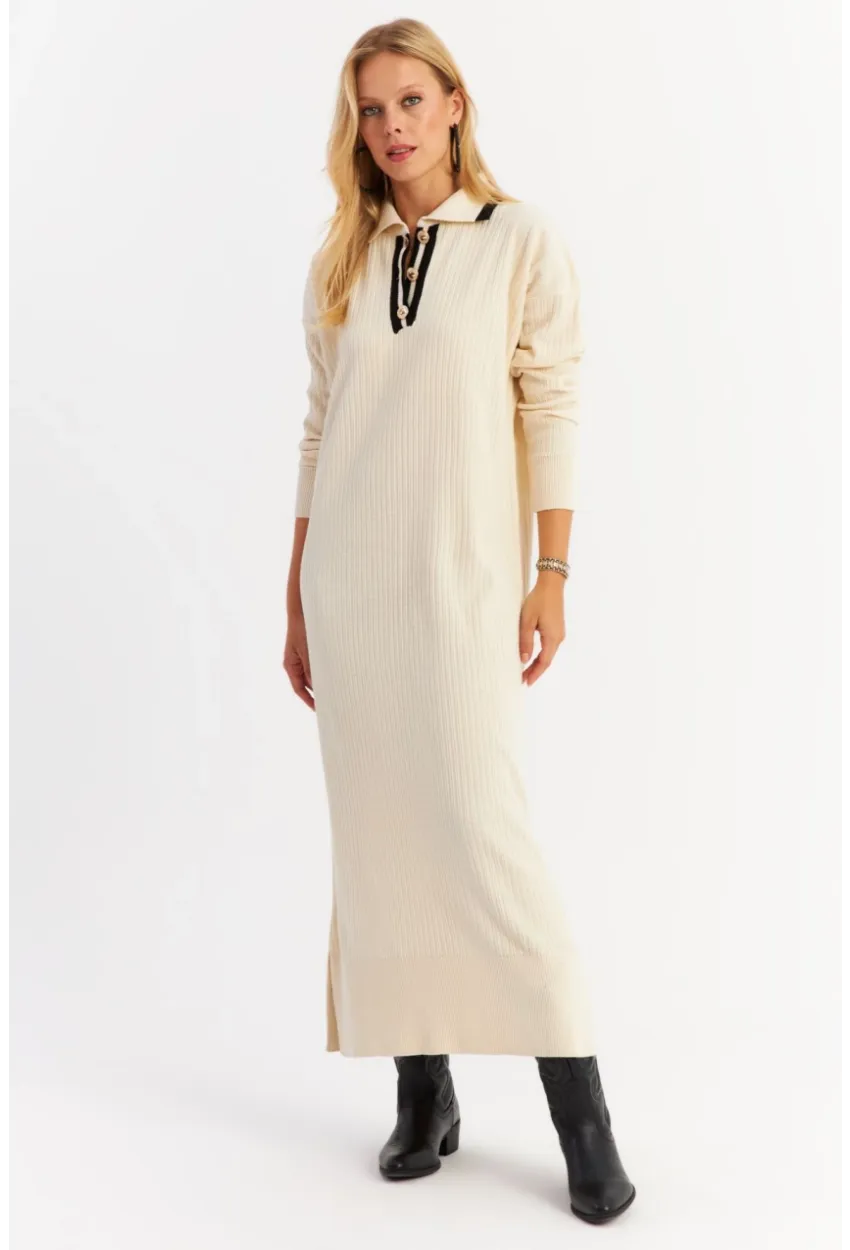 Kadın Ekru Polo Yaka Triko Maxi Elbise MNUV17