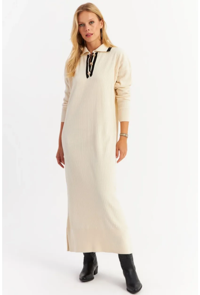 Kadın Ekru Polo Yaka Triko Maxi Elbise MNUV17