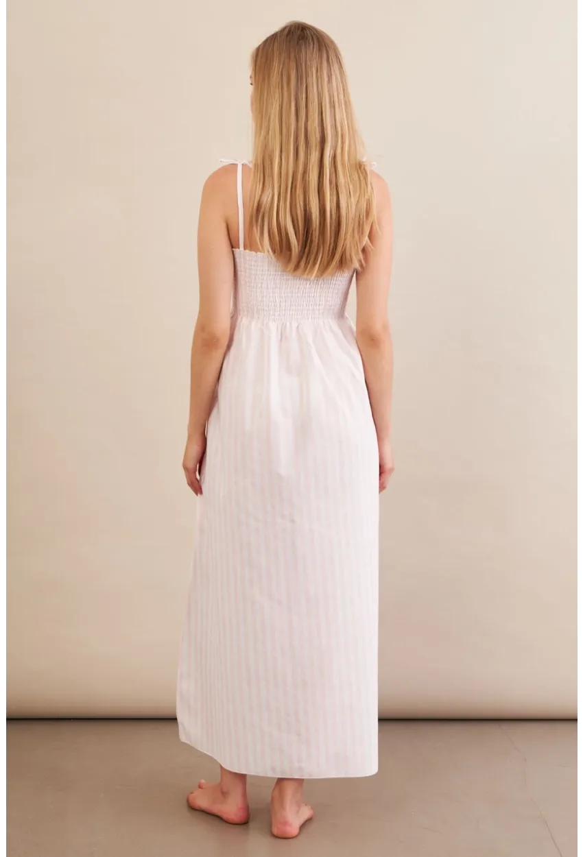Kadın Ekru-Pudra Straplez Çizgili Plaj Elbisesi OR502