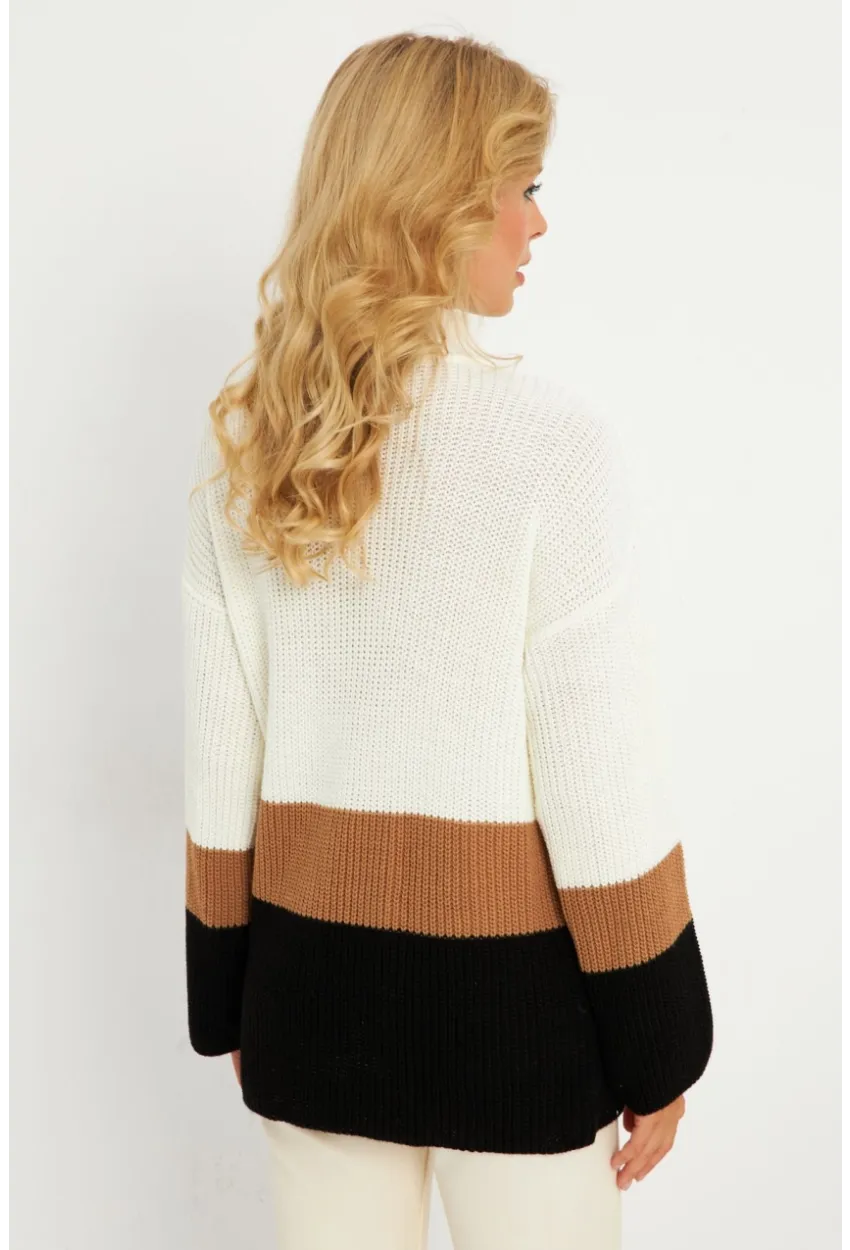 Kadın Ekru Renk Bloklu Kazak YV277