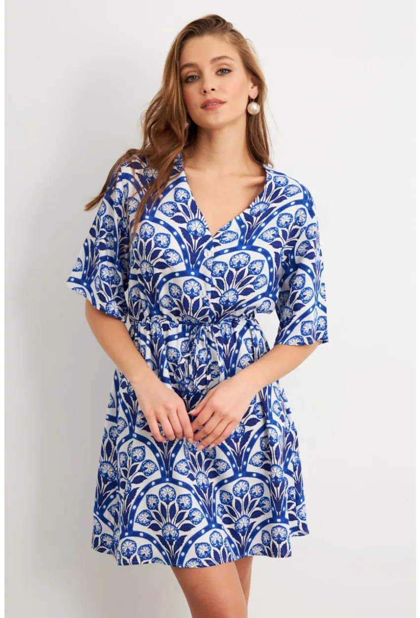 Kadın Ekru-Saks Desenli Mini Elbise Q1006