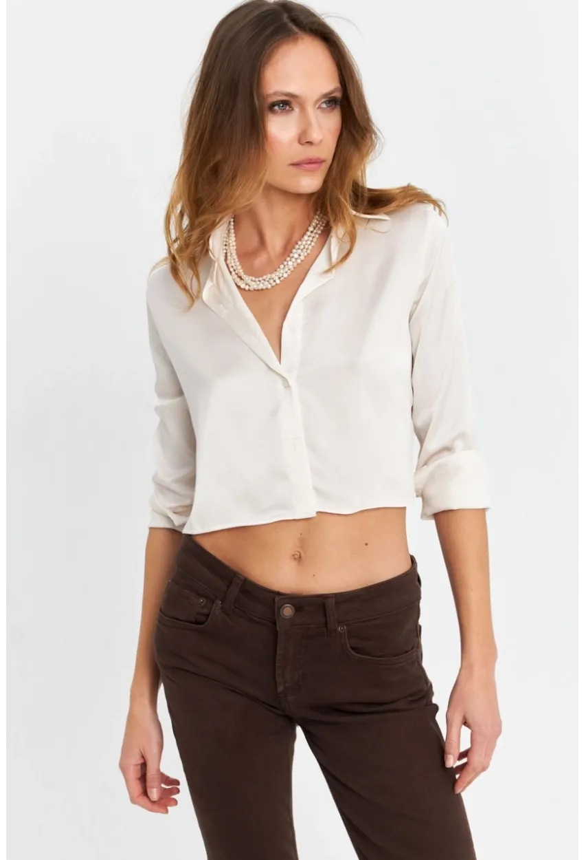 Kadın Ekru Saten Crop Gömlek ELT8052