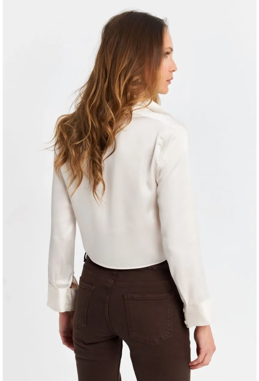 Kadın Ekru Saten Crop Gömlek ELT8052