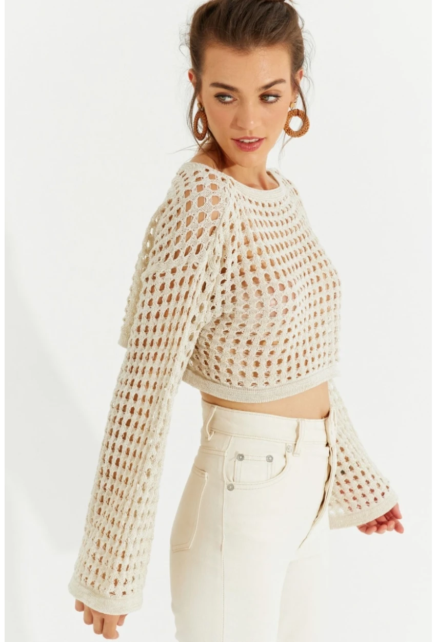 Kadın Ekru Simli Ajurlu Triko Kısa Bluz YV141
