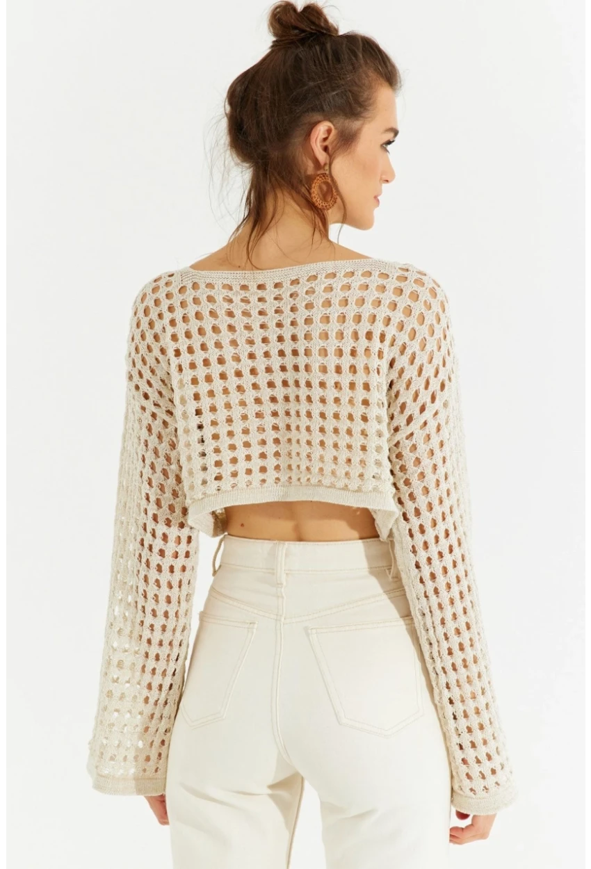 Kadın Ekru Simli Ajurlu Triko Kısa Bluz YV141