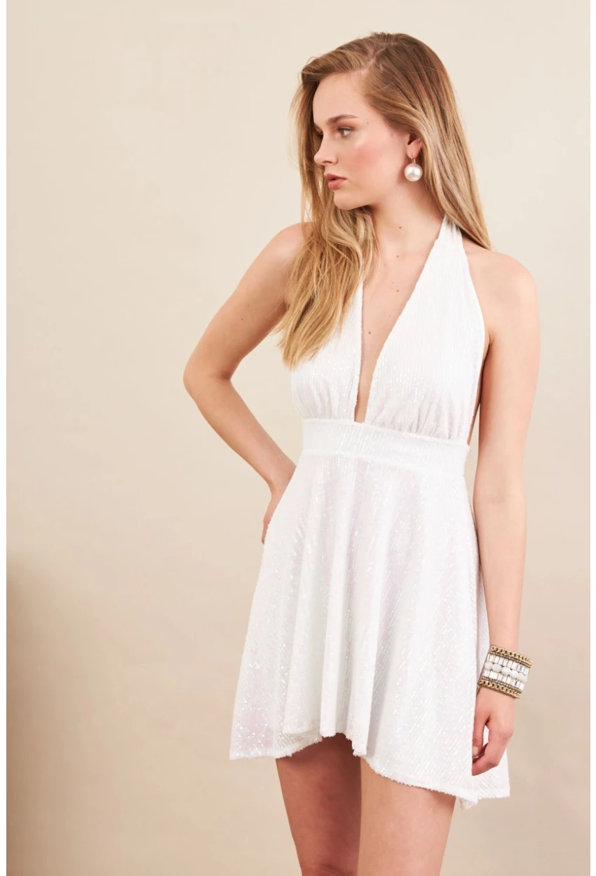 Kadın Ekru Sırtı Açık Payetli Astarlı Mini Elbise DCF046