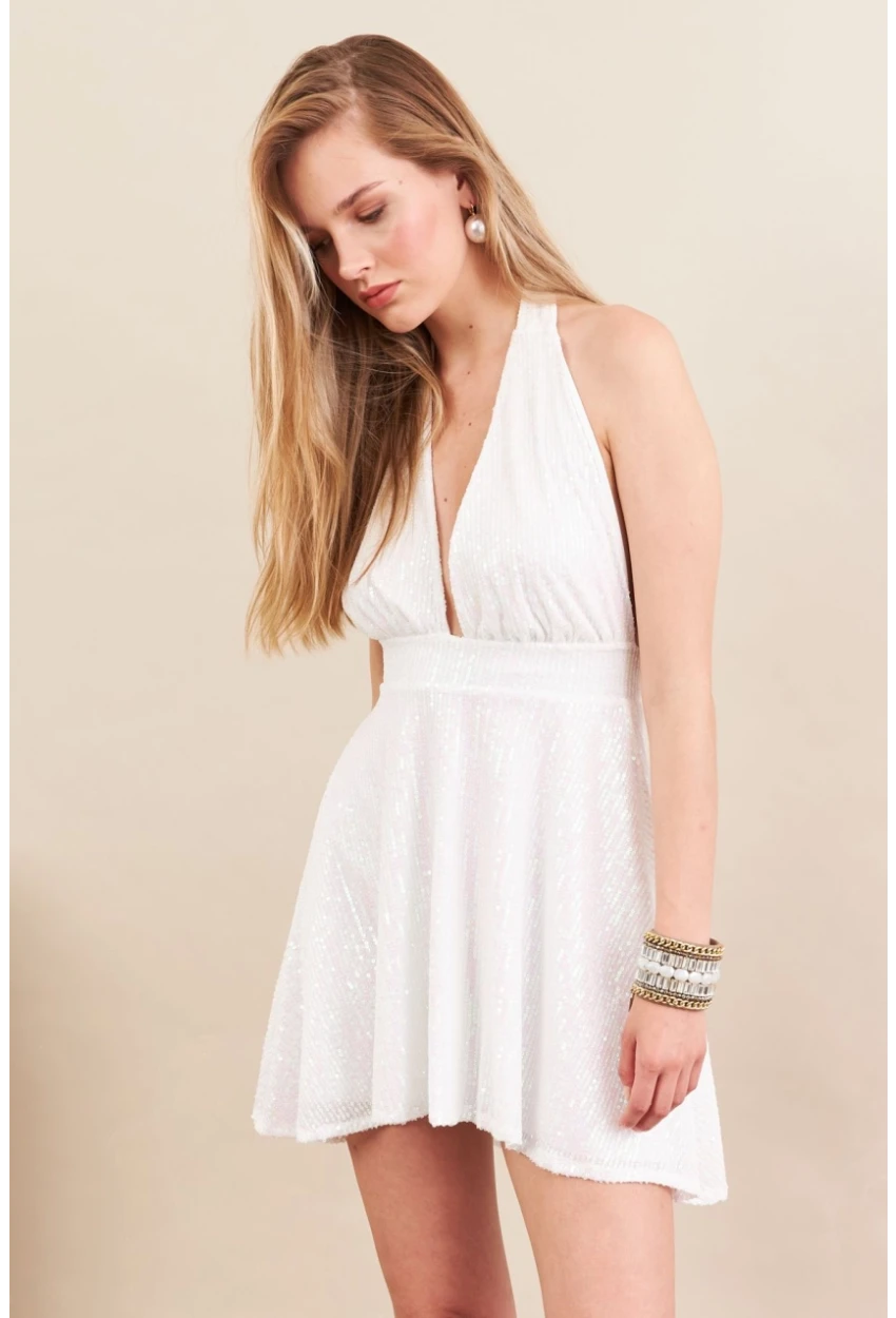 Kadın Ekru Sırtı Açık Payetli Astarlı Mini Elbise DCF046