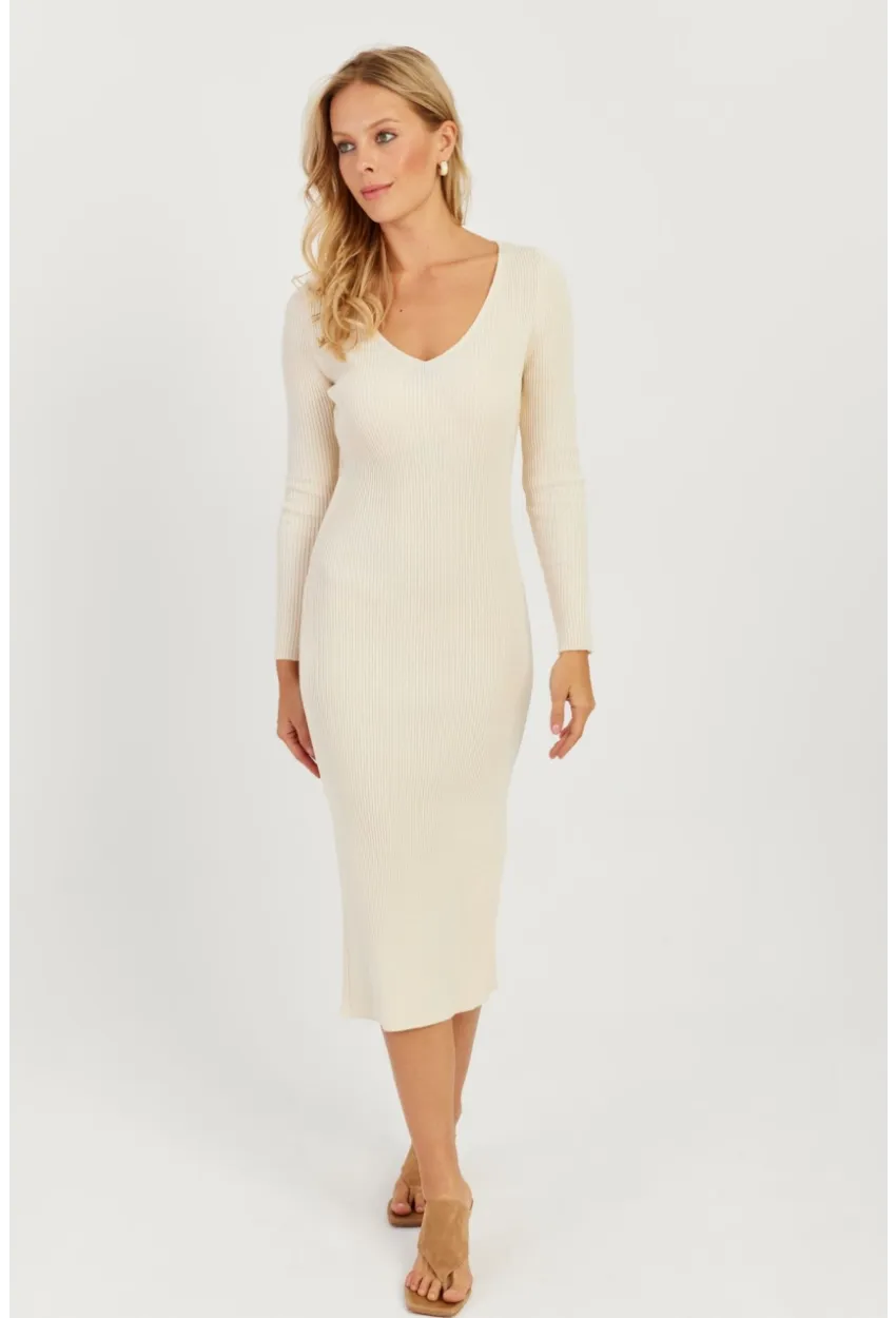 Kadın Ekru Sırtı Çapraz Triko Midi Elbise YZ407