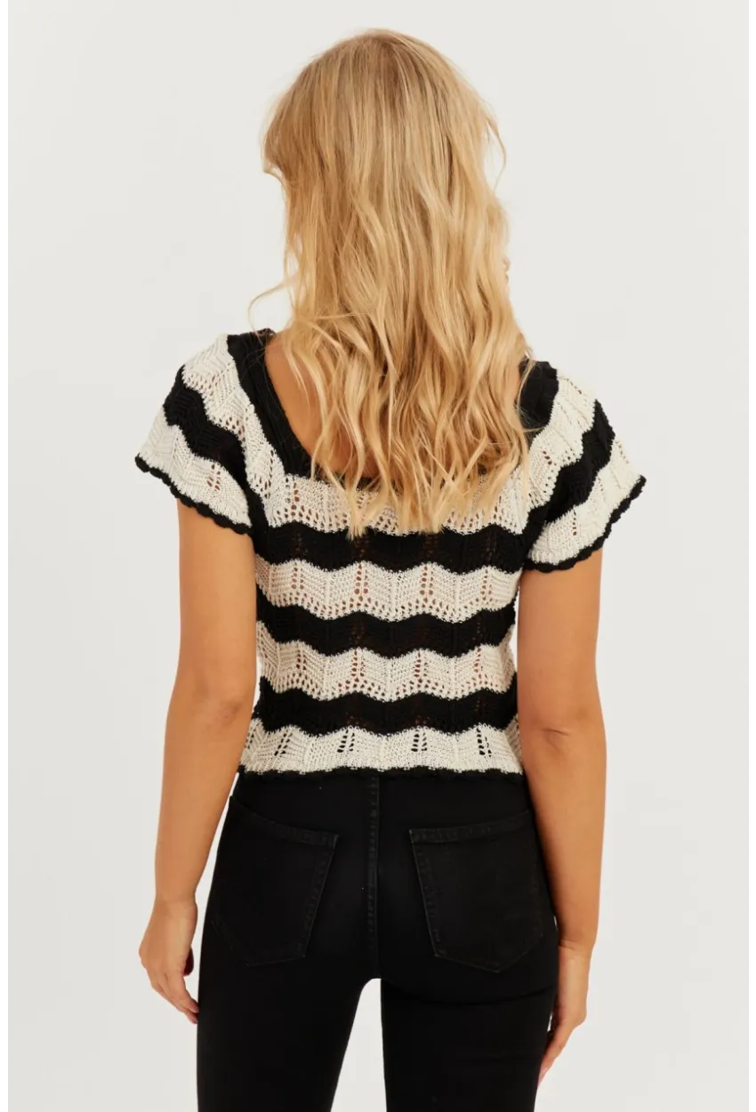 Kadın Ekru-Siyah Ajurlu Triko Bluz YZ624