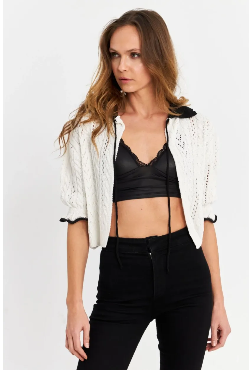 Kadın Ekru-Siyah Ajurlu Triko Hırka YV307