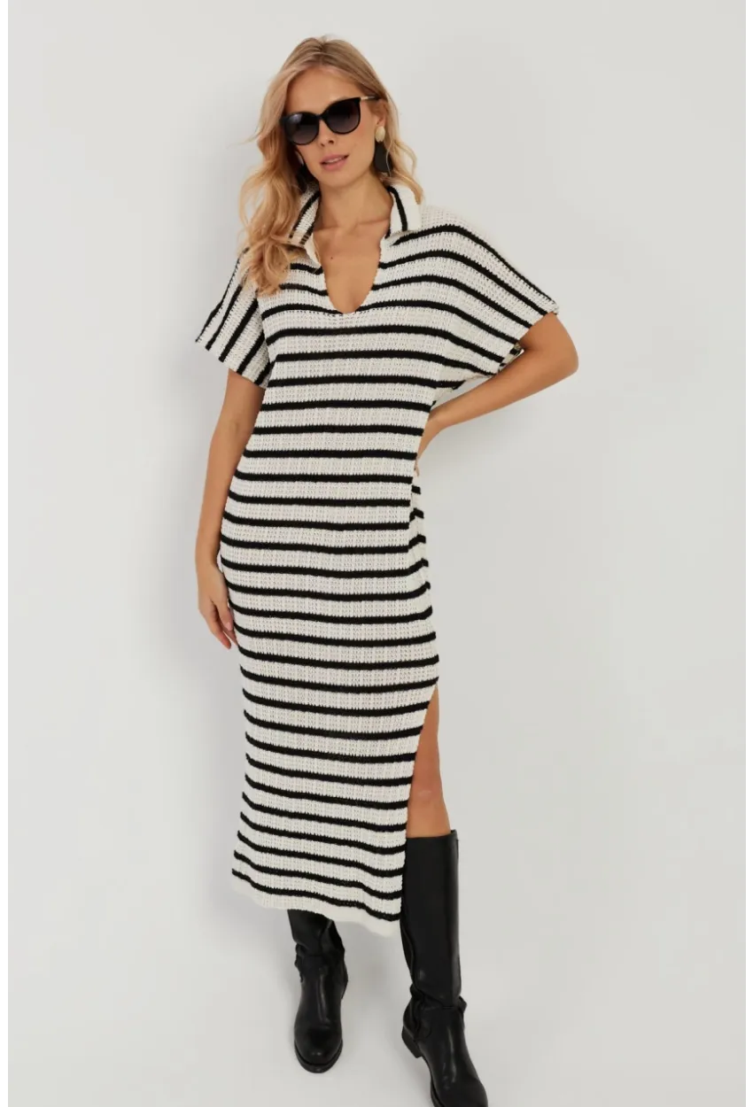 Kadın Ekru-Siyah Ajurlu Triko Midi Elbise YZ622
