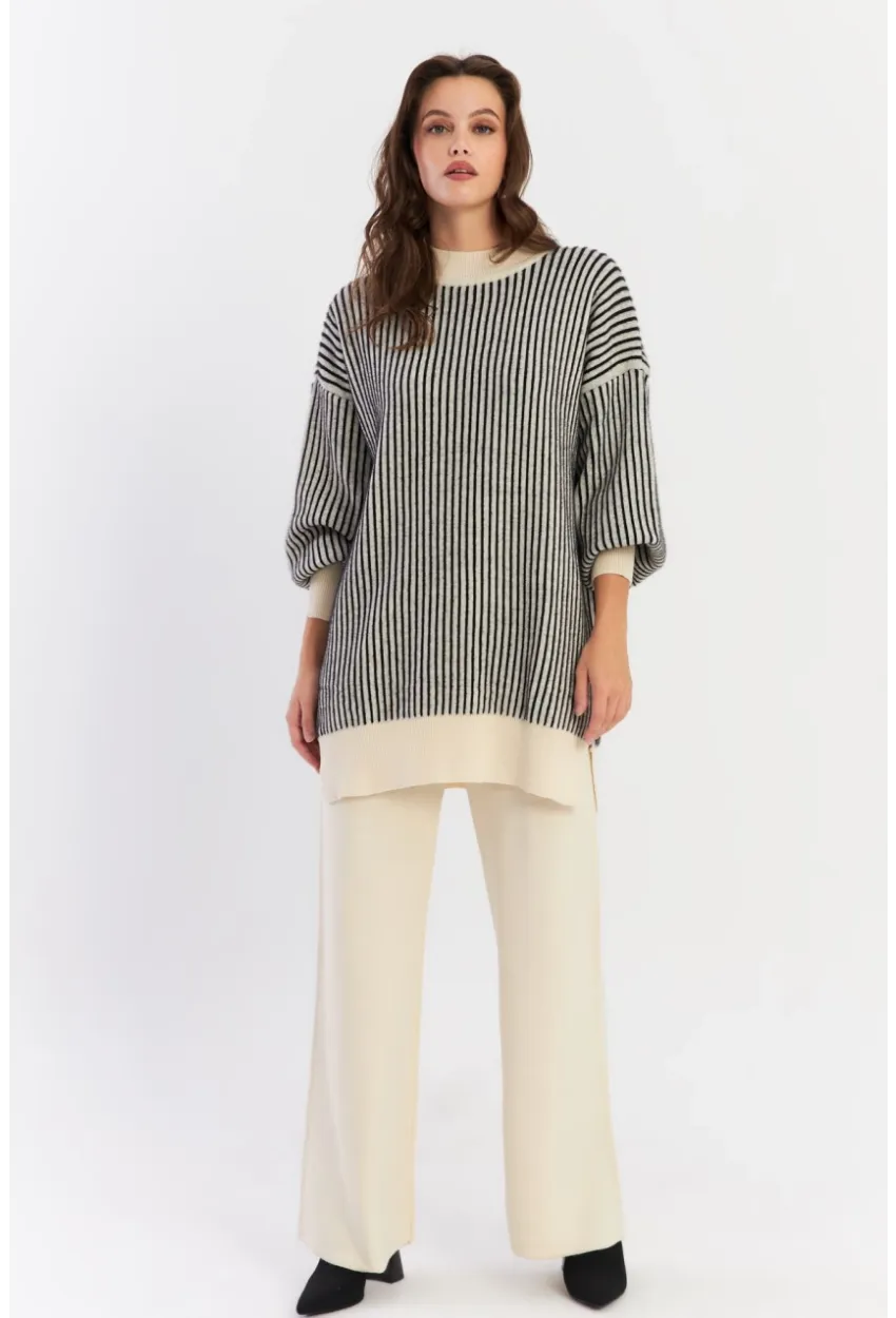 Kadın Ekru-Siyah Alt Üst Pantalon Triko Takım NUV35