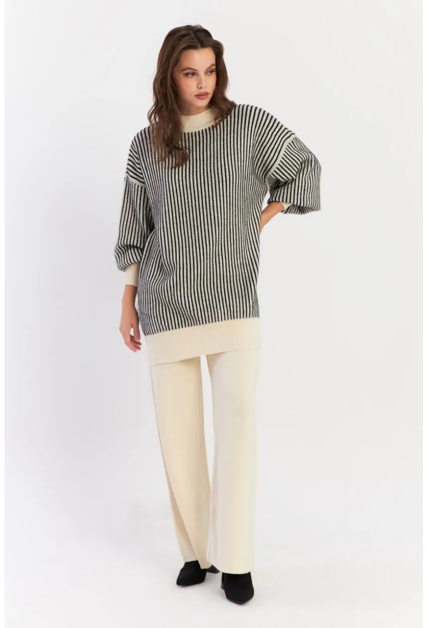 Kadın Ekru-Siyah Alt Üst Pantalon Triko Takım NUV35