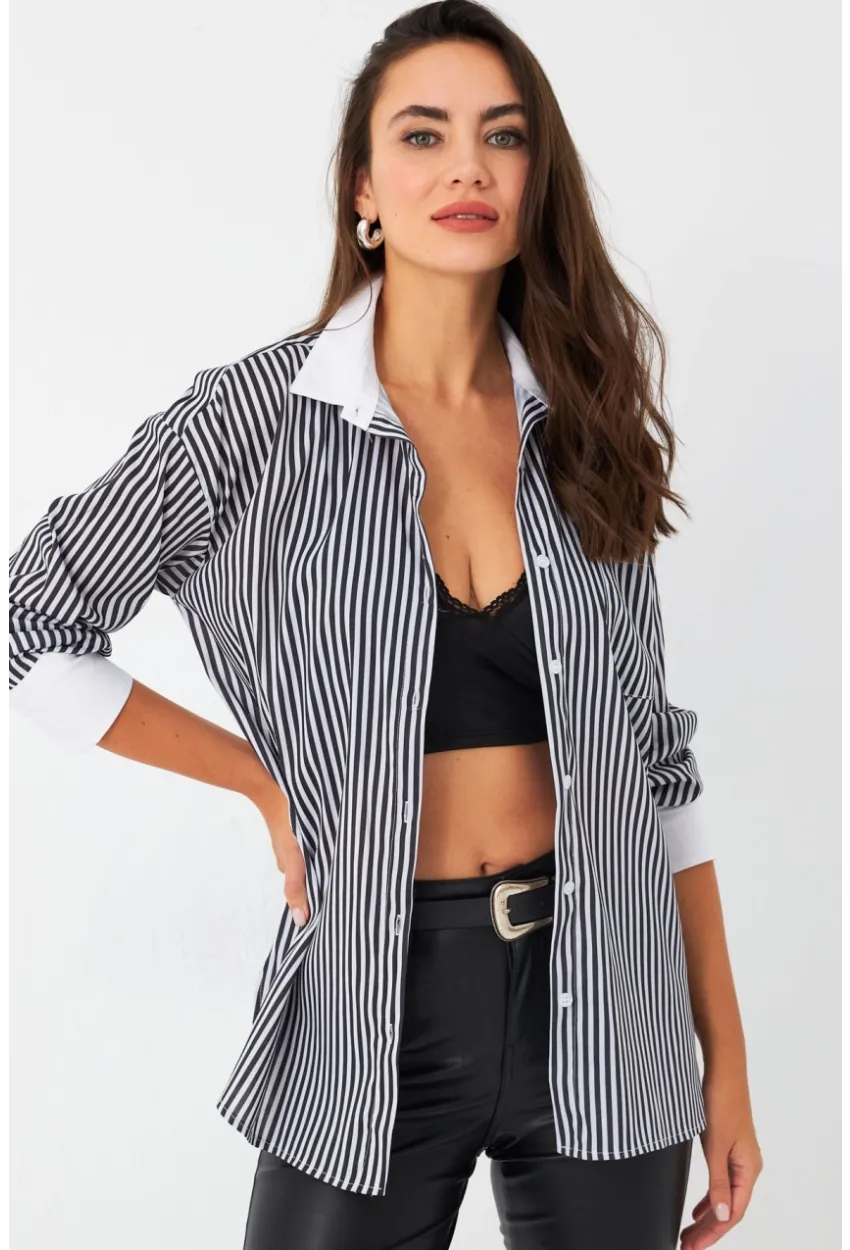 Kadın Ekru-Siyah Çizgili Kontrast Gömlek ELT156
