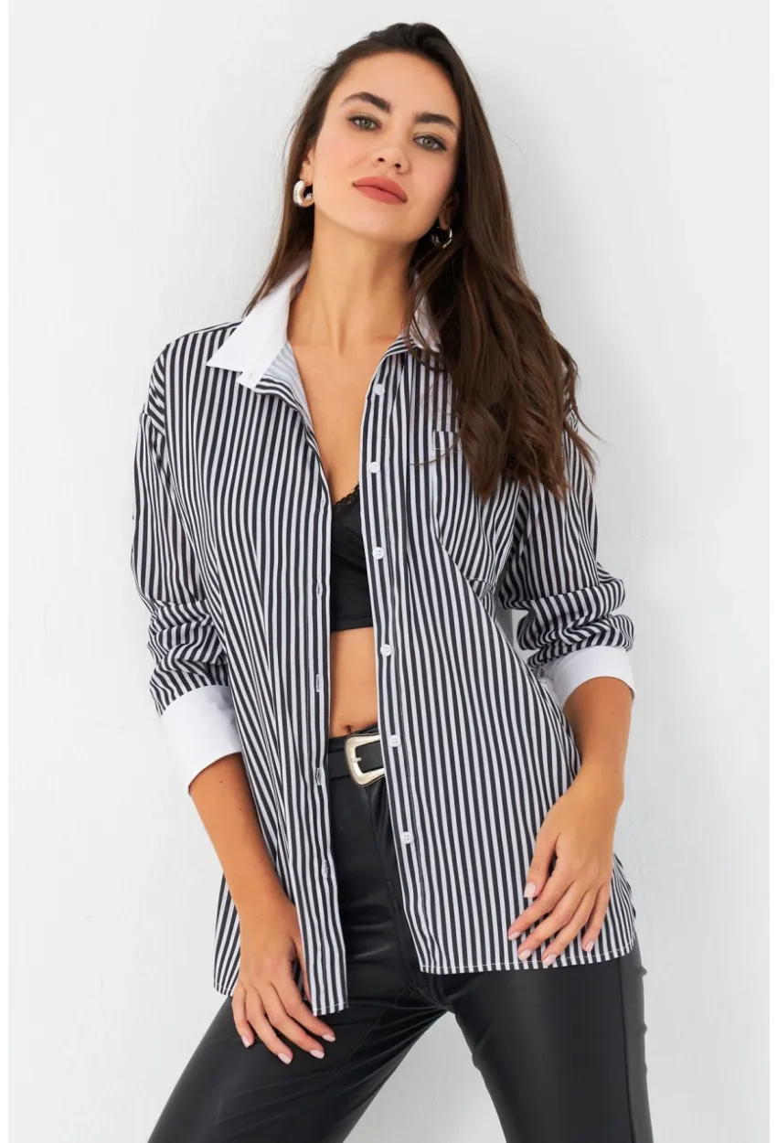 Kadın Ekru-Siyah Çizgili Kontrast Gömlek ELT156