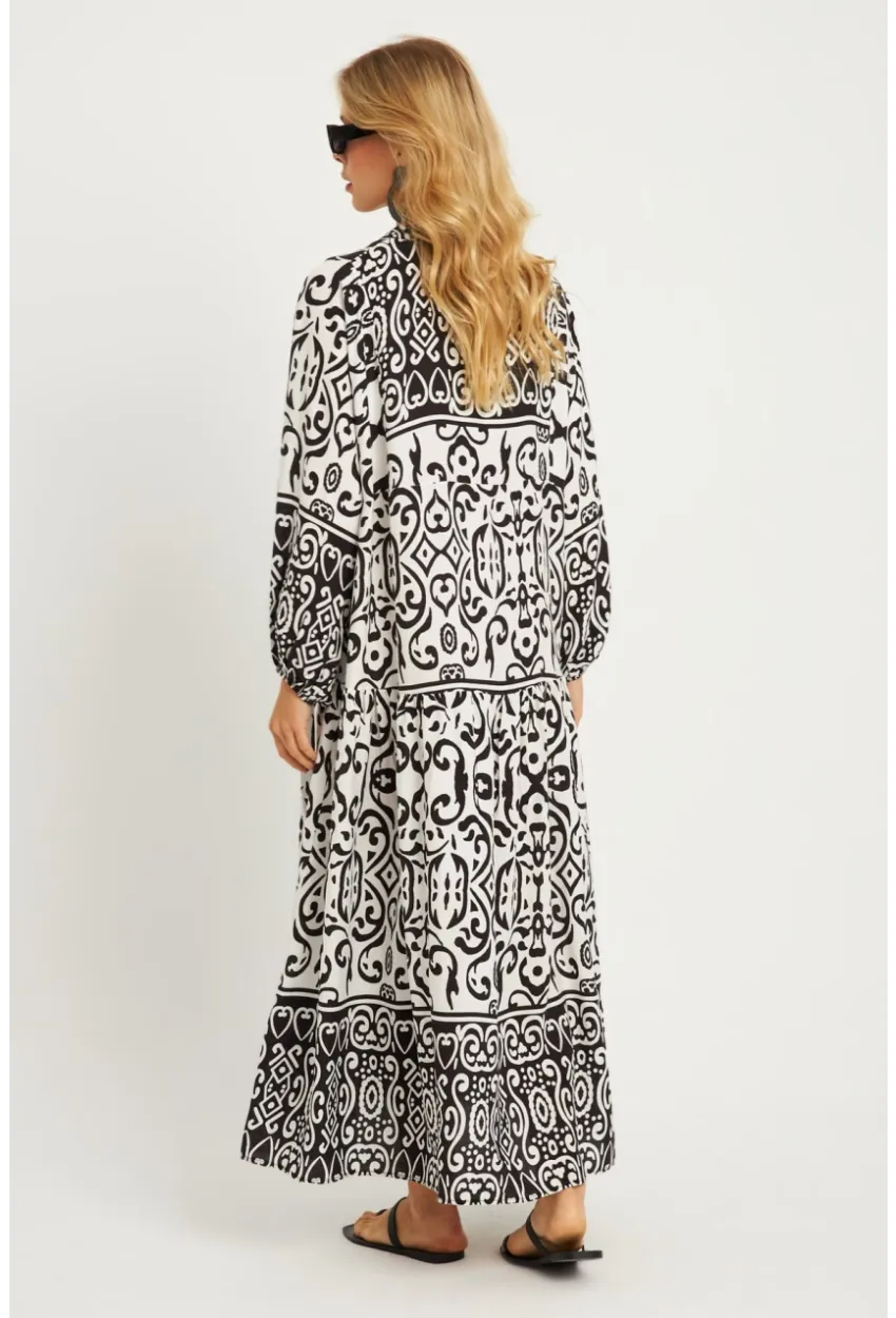 Kadın Ekru-Siyah Desenli Midi Elbise MGÇ169
