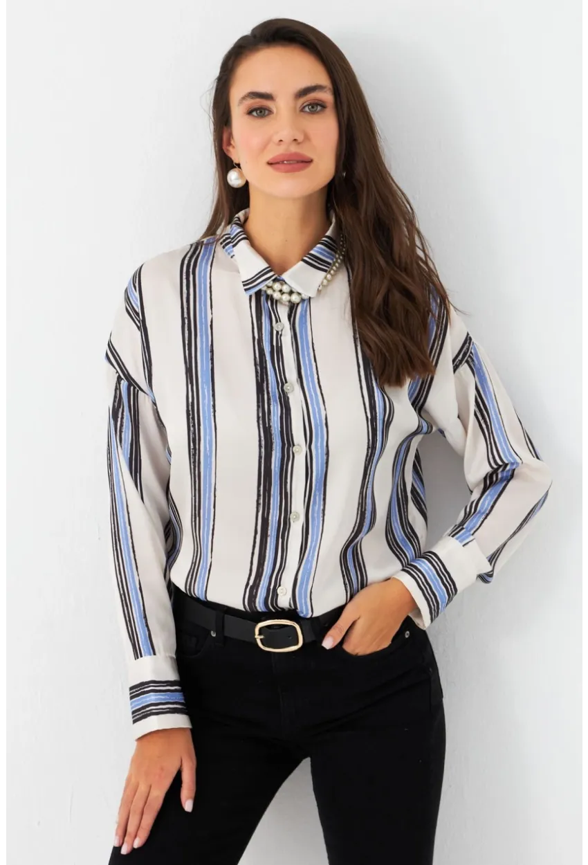 Kadın Ekru-Siyah Desenli Saten Gömlek MSHR500