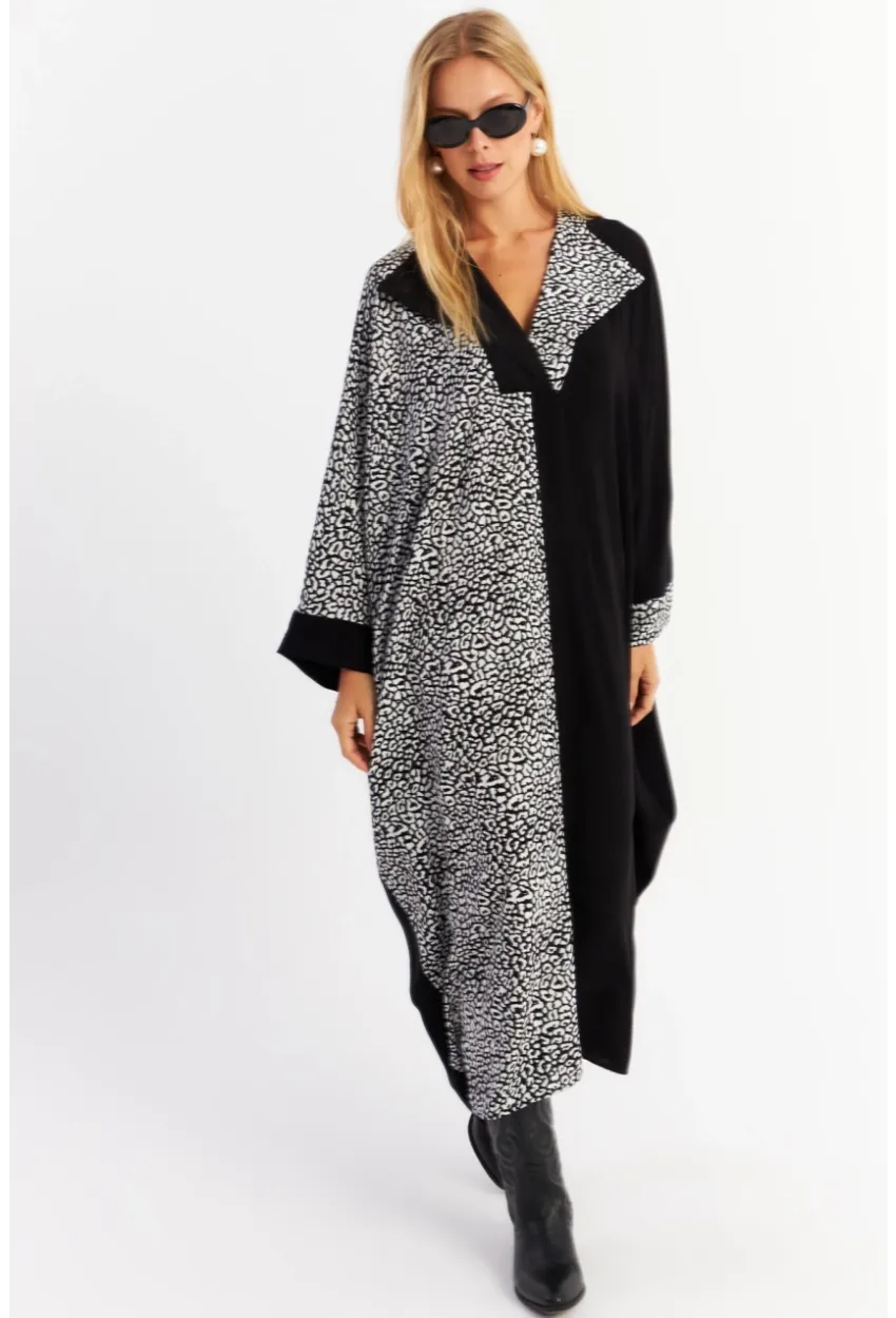 Kadın Ekru-Siyah Leopar Bloklu Maxi Elbise MALO15