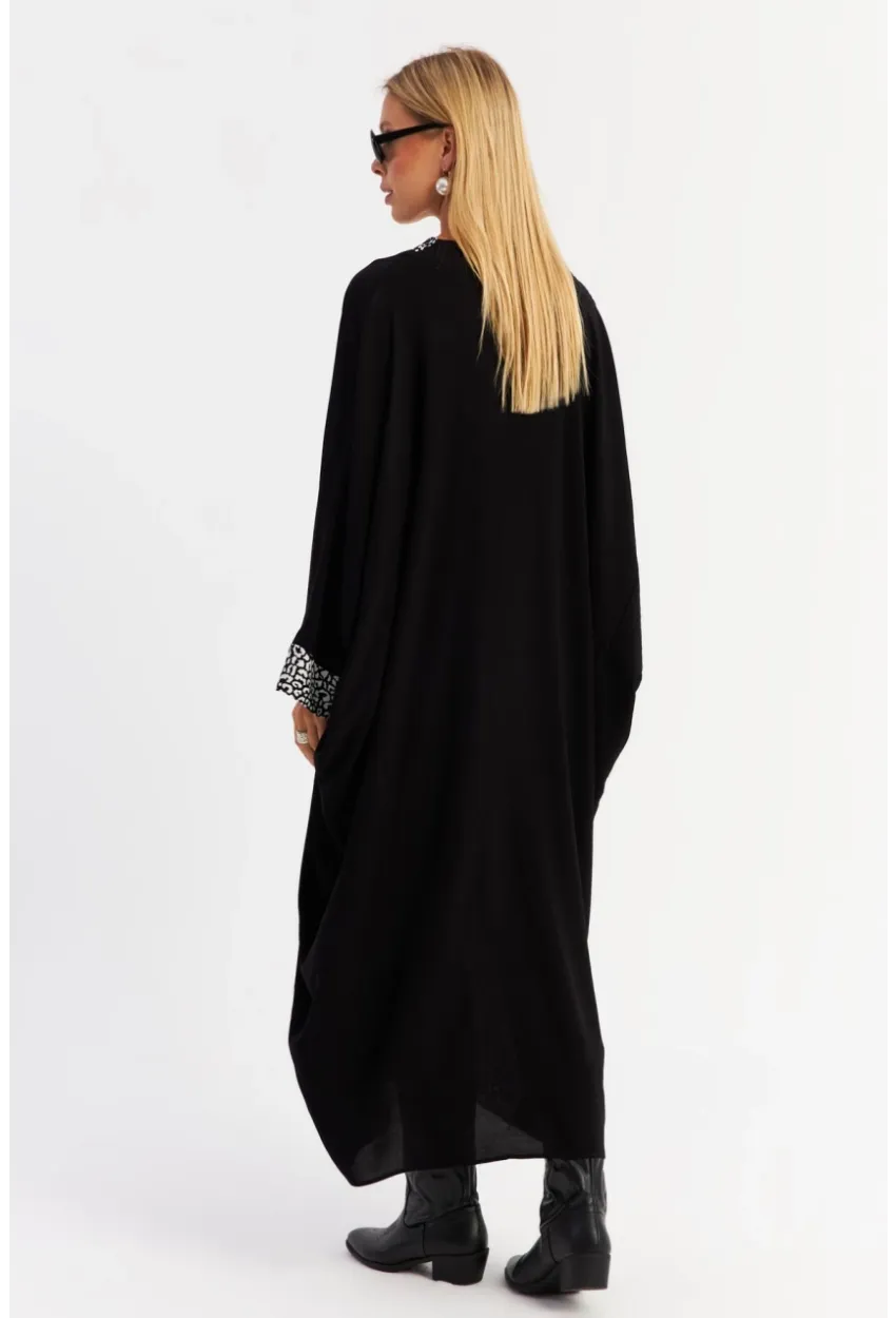 Kadın Ekru-Siyah Leopar Bloklu Maxi Elbise MALO15