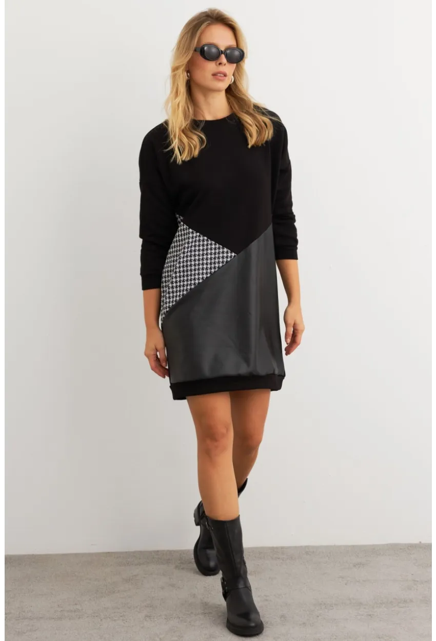 Kadın Ekru-Siyah Leopar Desenli Mini Sweat Elbise ST145