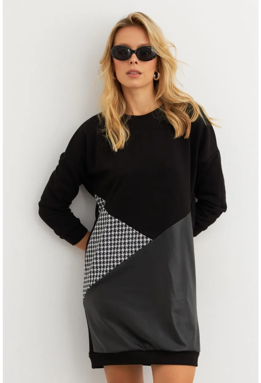 Kadın Ekru-Siyah Leopar Desenli Mini Sweat Elbise ST145