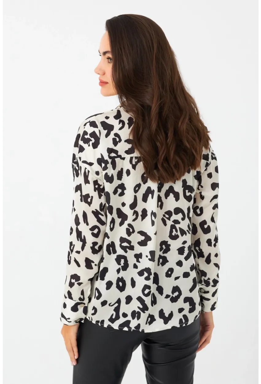 Kadın Ekru-Siyah Leopar Desenli Saten Gömlek SHR9