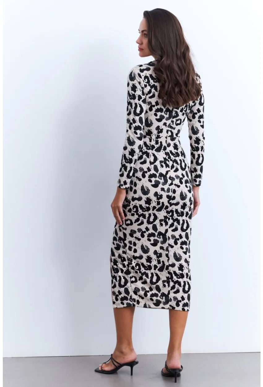 Kadın Ekru-Siyah Önü Düğümlü Desenli Midi Elbise MKED5006