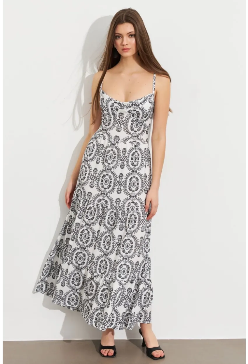 Kadın Ekru-Siyah Sırt Dekolteli Desenli Maxi Elbise LİT110