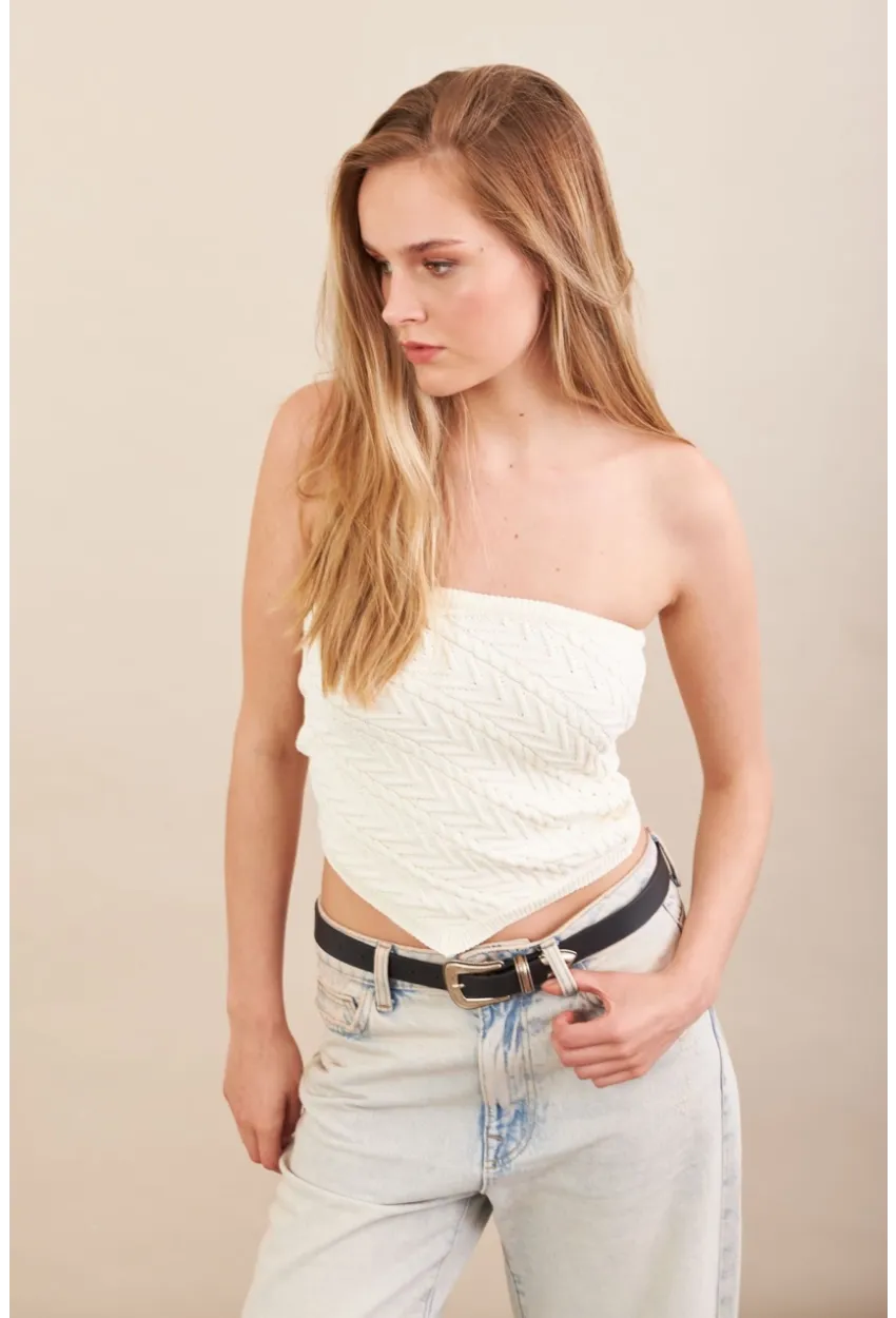 Kadın Ekru Straplez Triko Crop Bluz ZH049