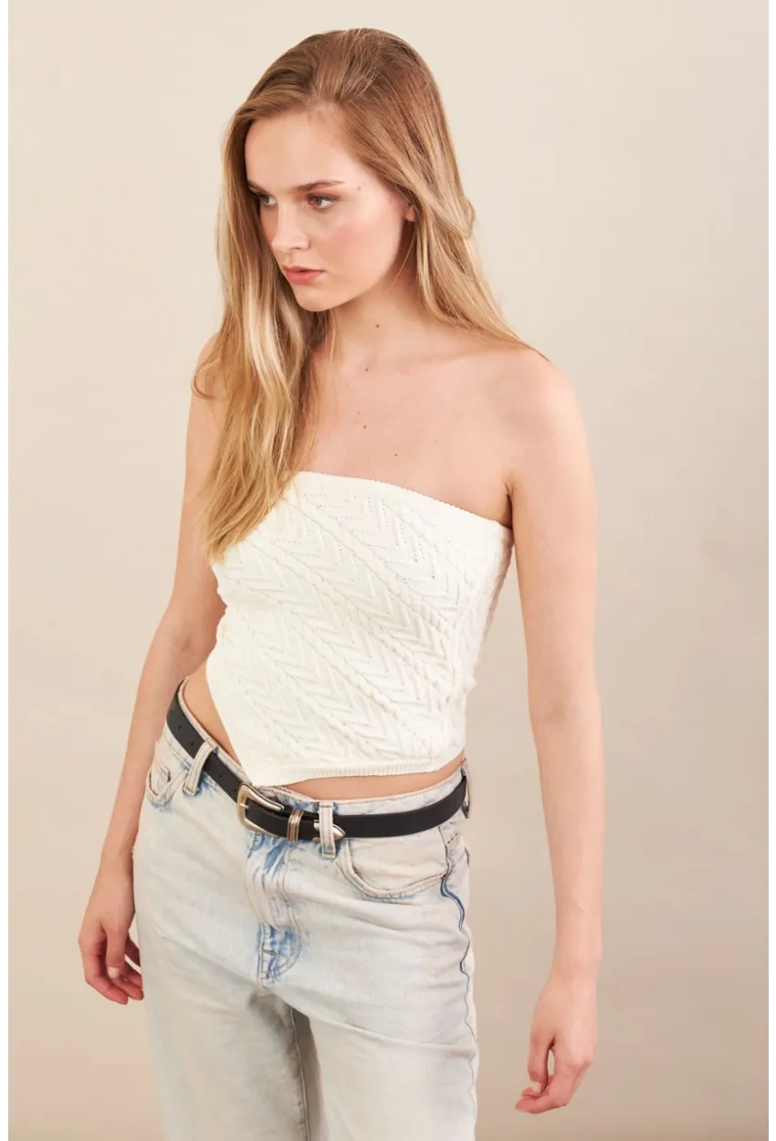 Kadın Ekru Straplez Triko Crop Bluz ZH049